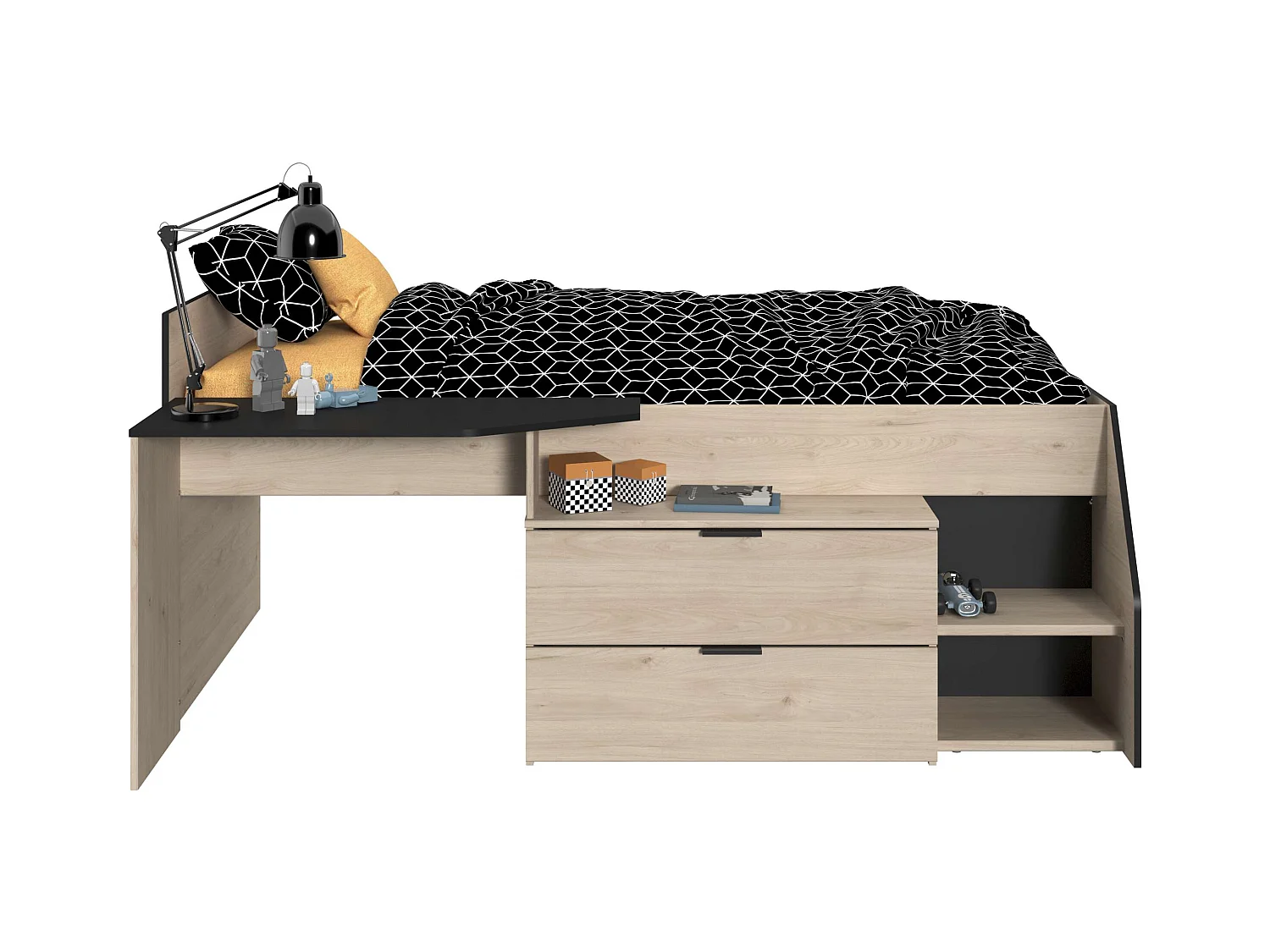 Cama Valky con escritorio 2 cajones infantil roble/negro 90X200/190 cm