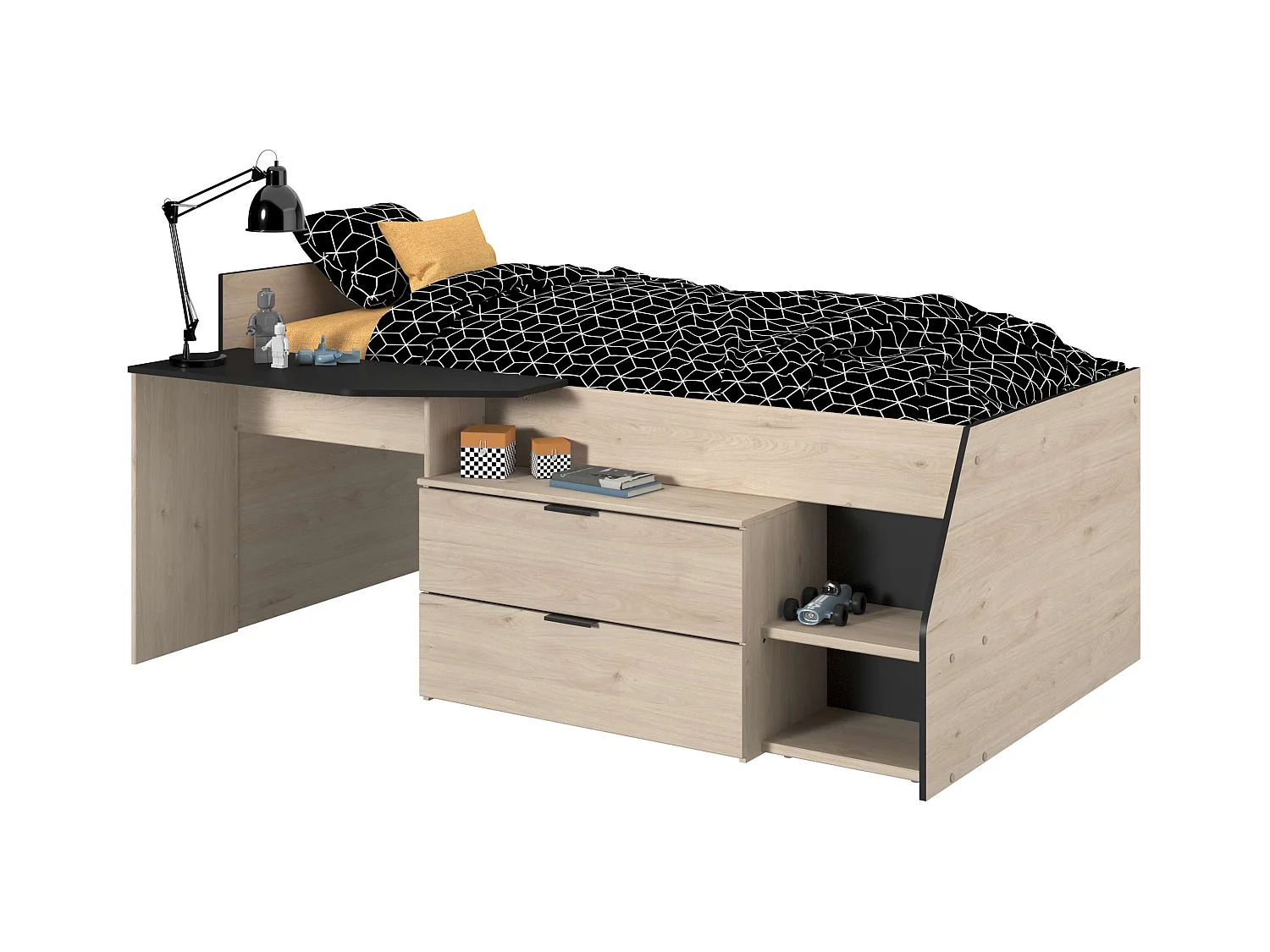 Cama Valky con escritorio 2 cajones infantil roble/negro 90X200/190 cm