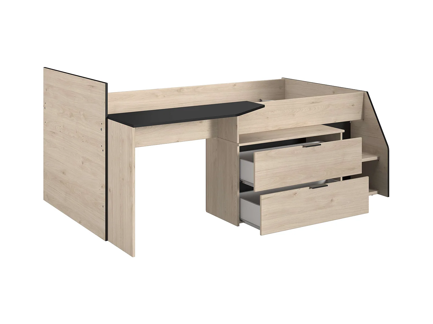 Cama Valky con escritorio 2 cajones infantil roble/negro 90X200/190 cm