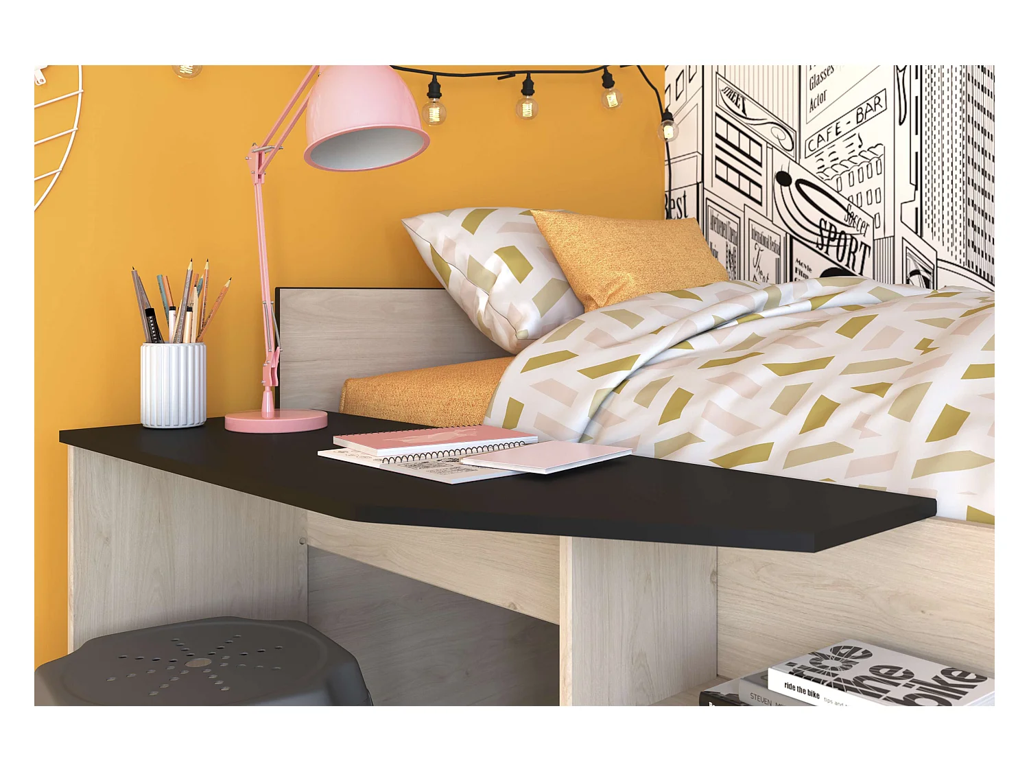 Cama Valky con escritorio 2 cajones infantil roble/negro 90X200/190 cm