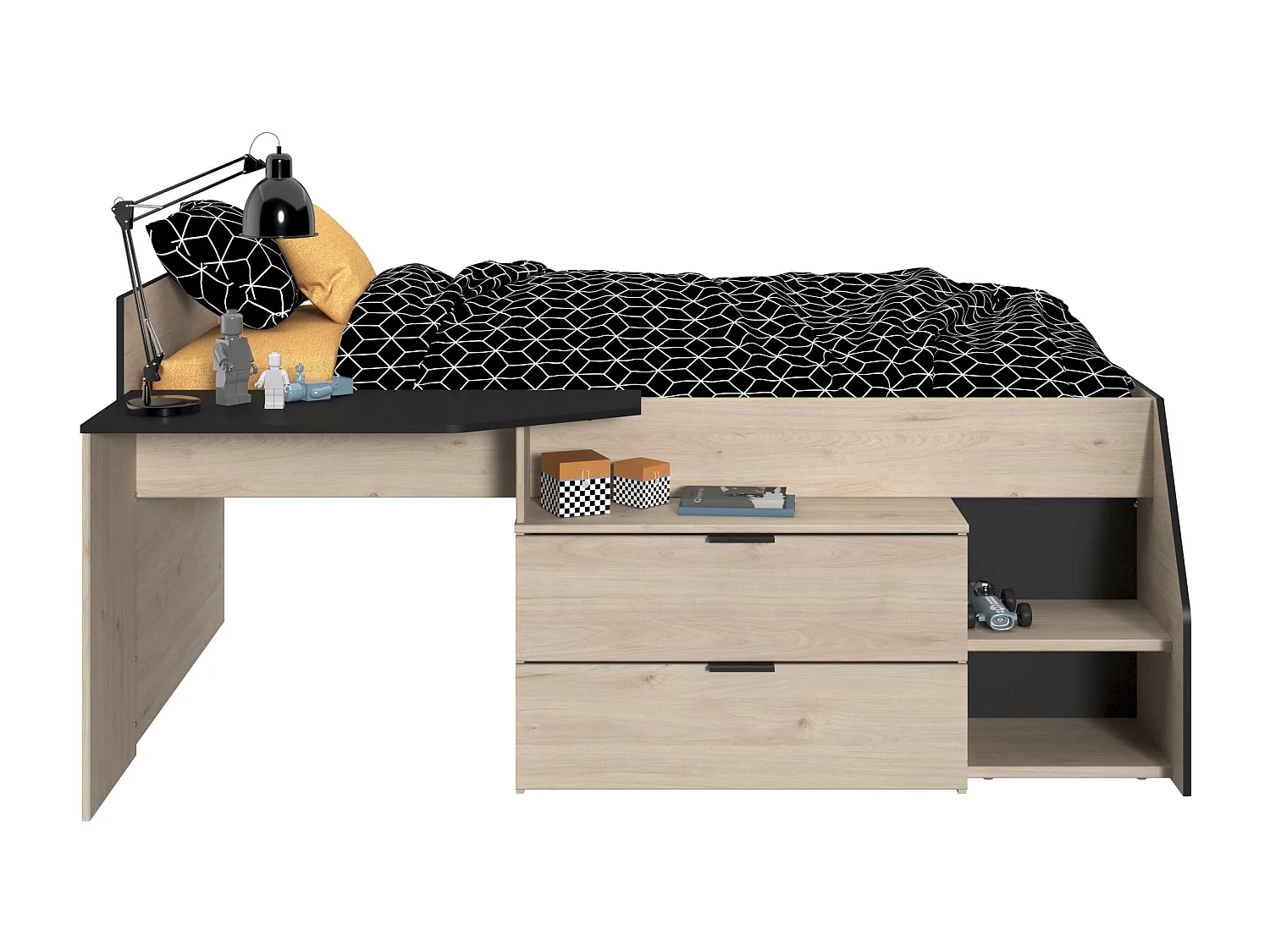Cama Valky con escritorio 2 cajones infantil roble/negro 90X200/190 cm