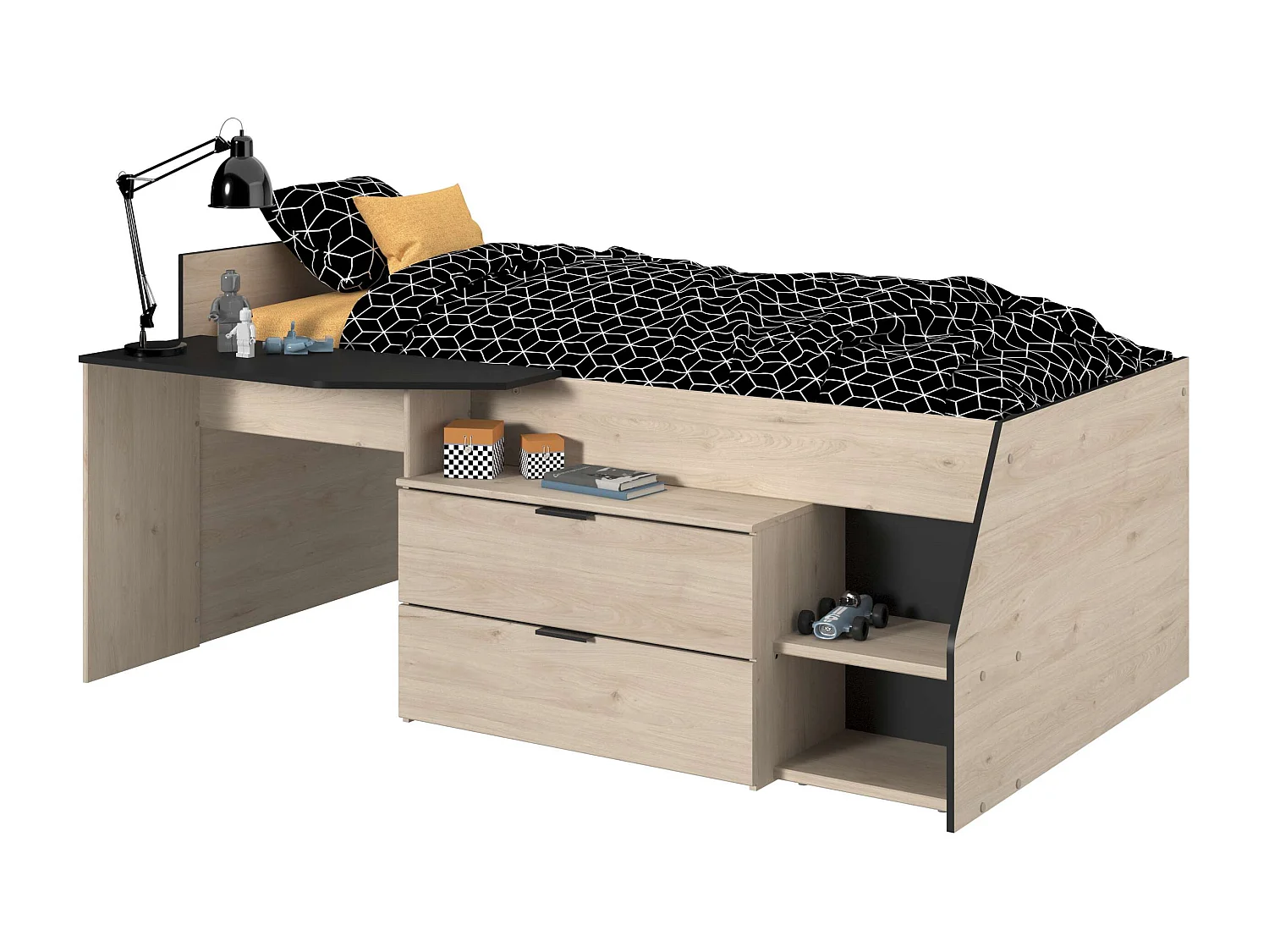 Cama Valky con escritorio 2 cajones infantil roble/negro 90X200/190 cm