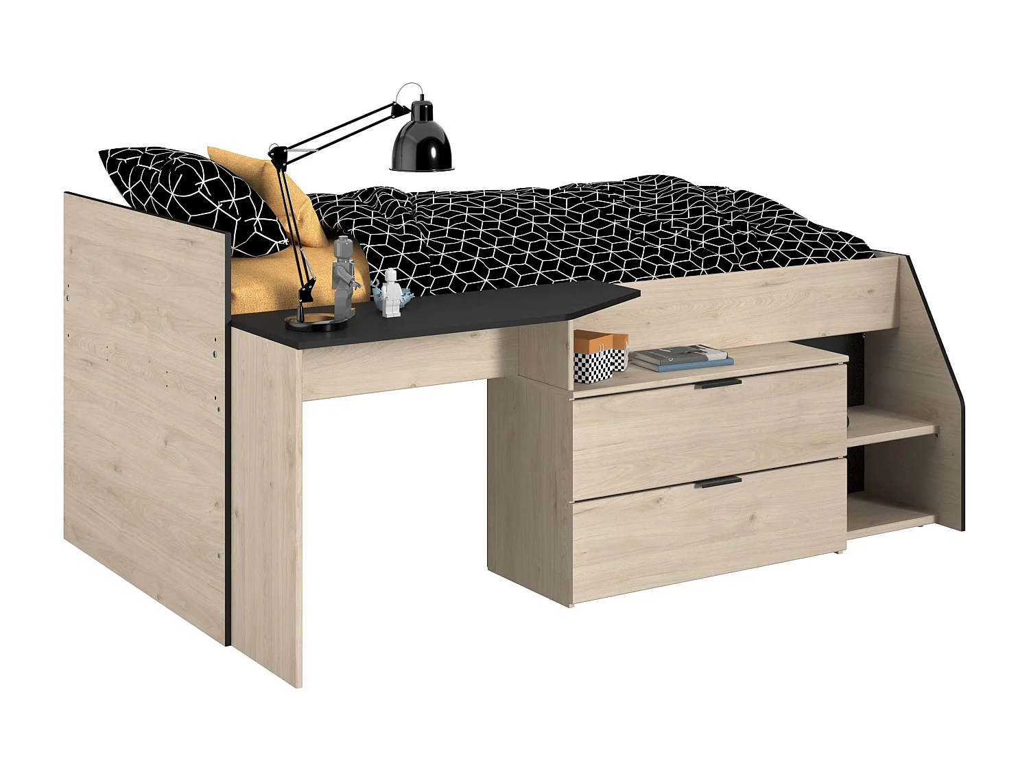 Cama Valky con escritorio 2 cajones infantil roble/negro 90X200/190 cm