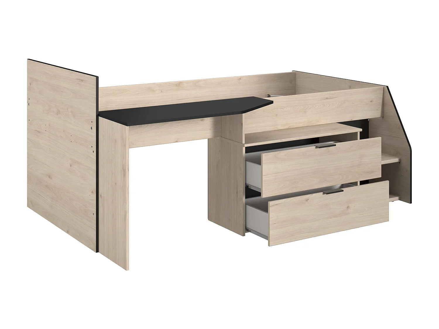 Cama Valky con escritorio 2 cajones infantil roble/negro 90X200/190 cm