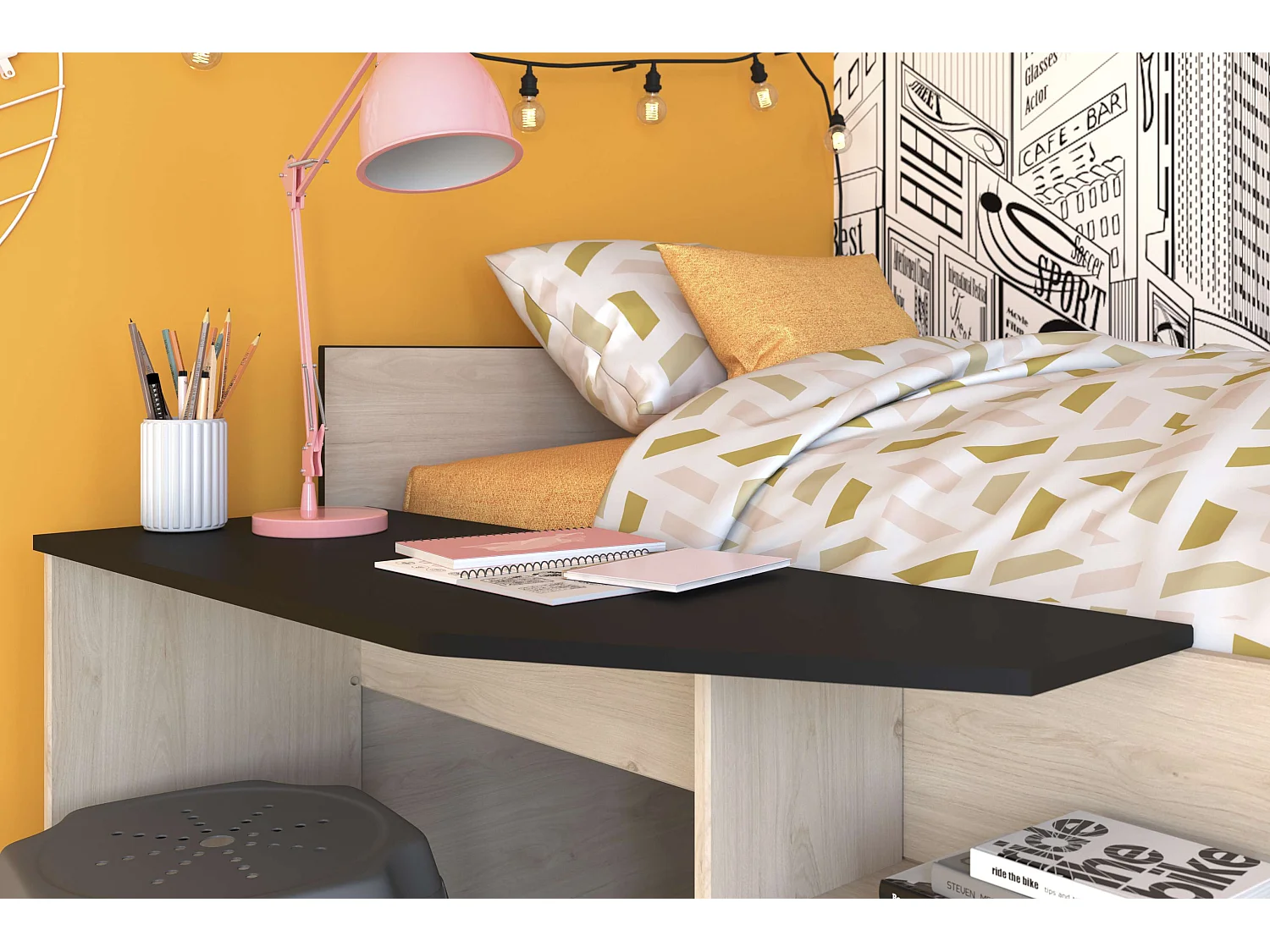 Cama Valky con escritorio 2 cajones infantil roble/negro 90X200/190 cm