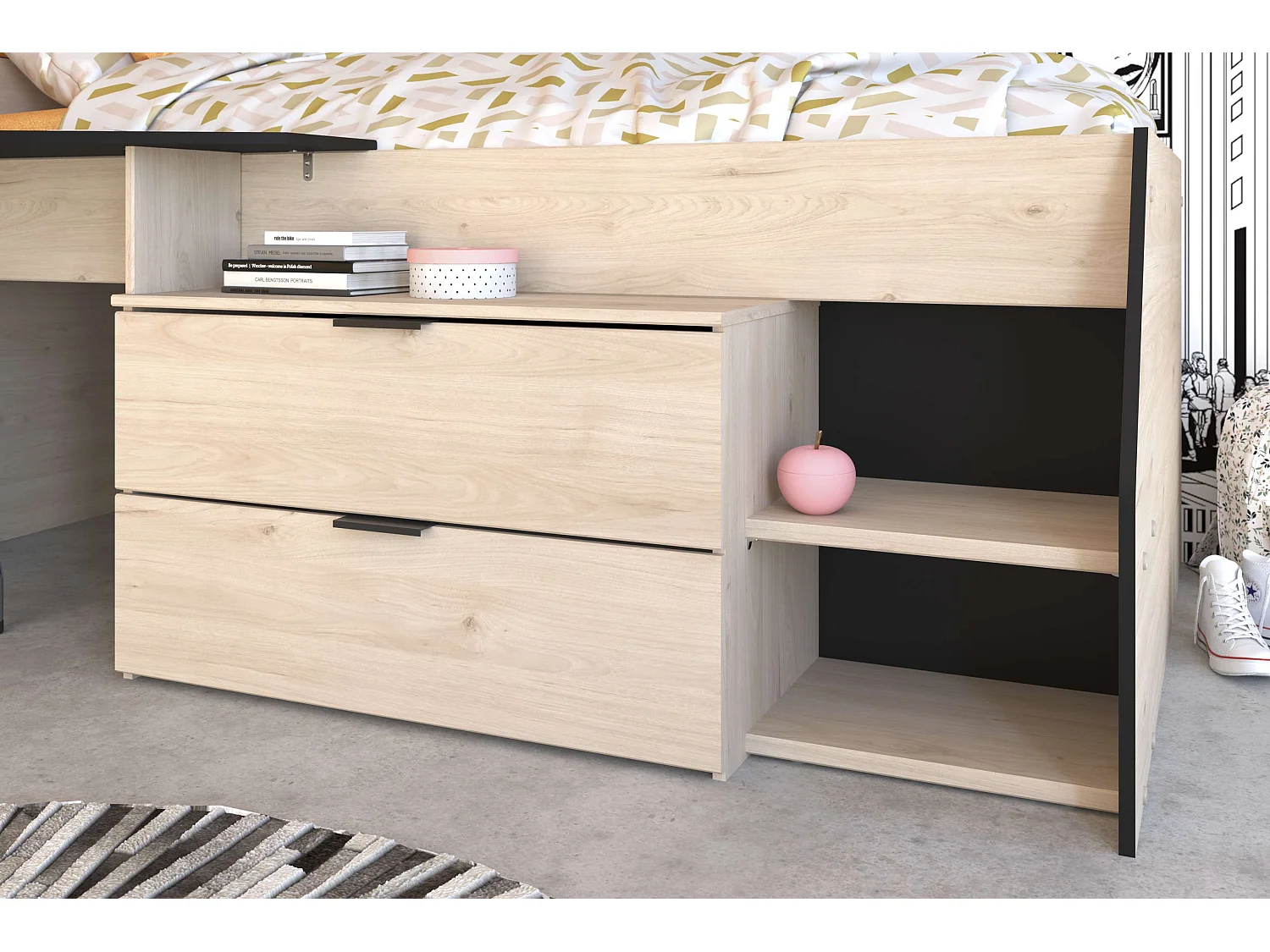 Cama Valky con escritorio 2 cajones infantil roble/negro 90X200/190 cm