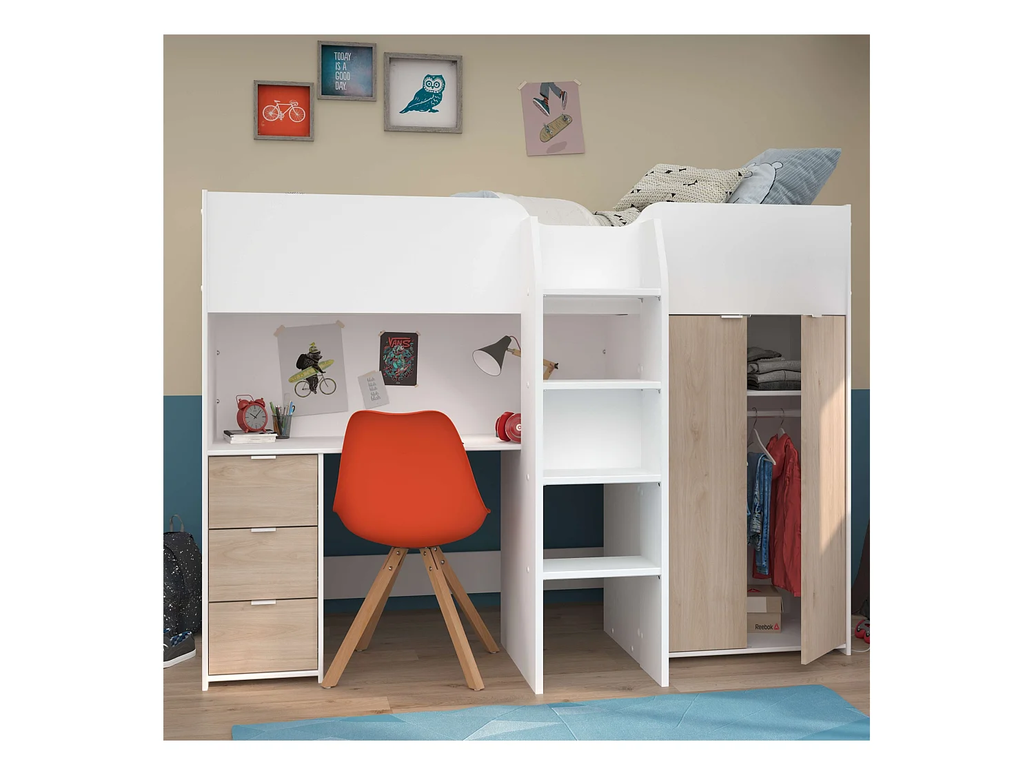 Cama Funny Juvenil/Infantil Roble Jackson Blanco Mate 203x146x95 cm