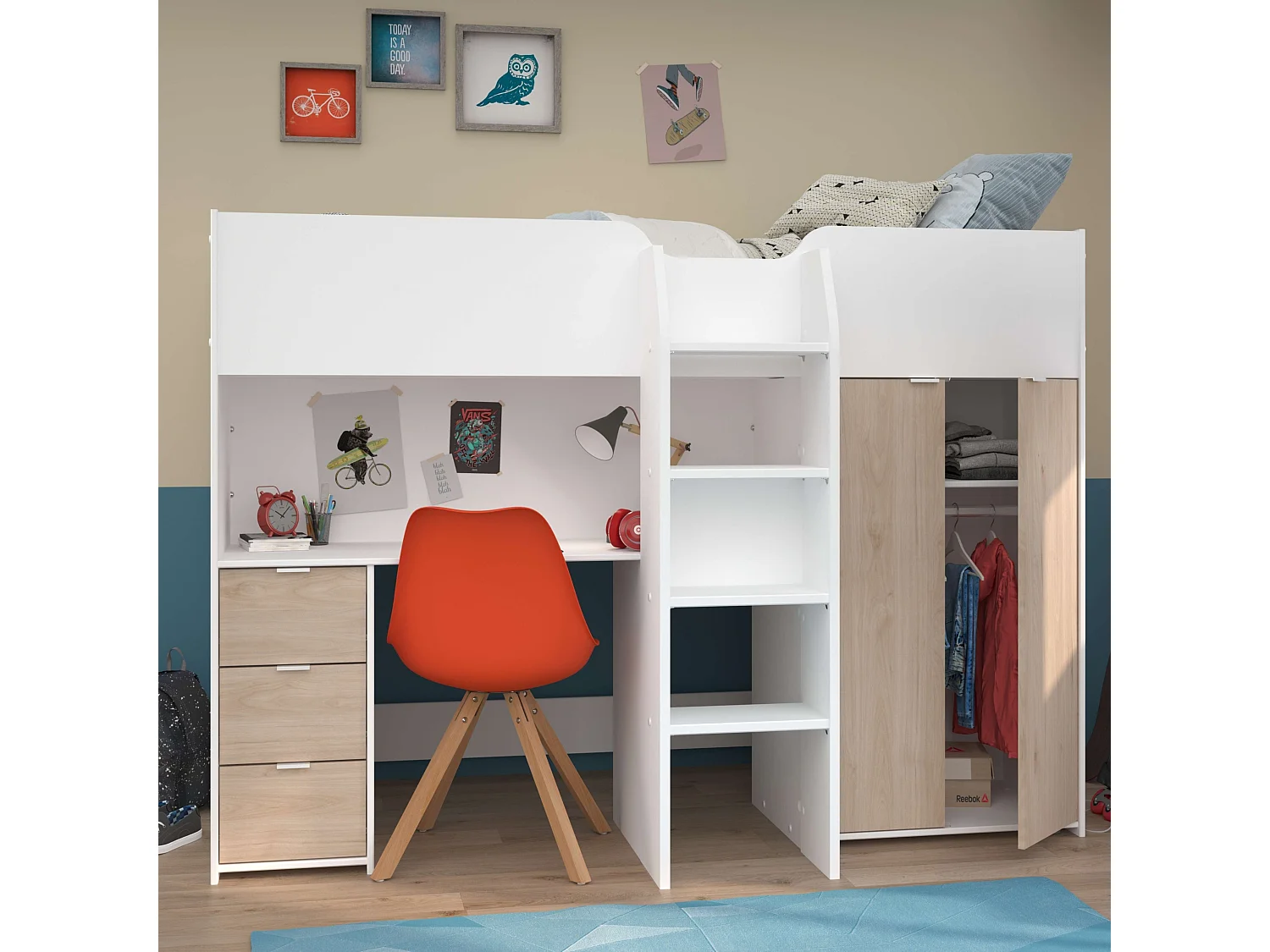 Cama Funny Juvenil/Infantil Roble Jackson Blanco Mate 203x146x95 cm