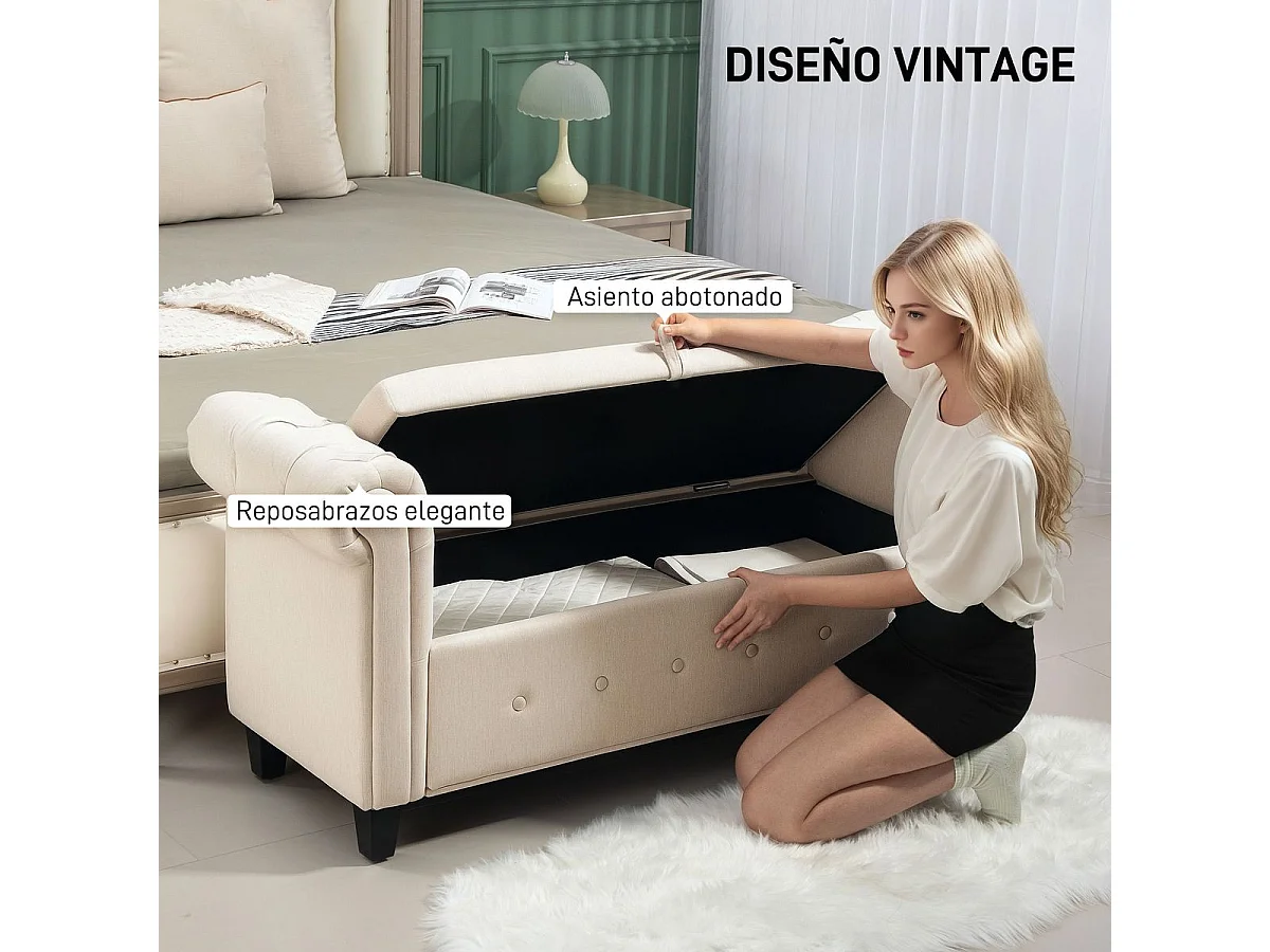 Banco de almacenaje Velmara Homcom con reposabrazos beige 74,5x146,5x49 cm