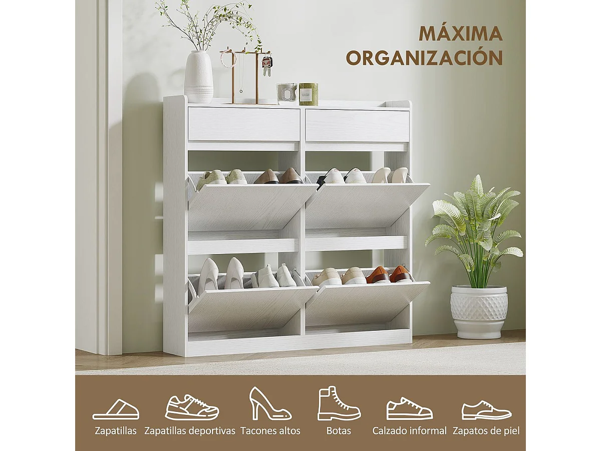 Zapatero Halo Homcom 4 puertas abatibles con 2 cajones blanco 95,3x98x19,2 cm