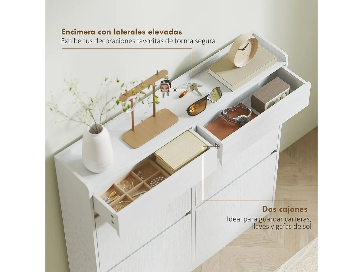 Zapatero Halo Homcom 4 puertas abatibles con 2 cajones blanco 95,3x98x19,2 cm