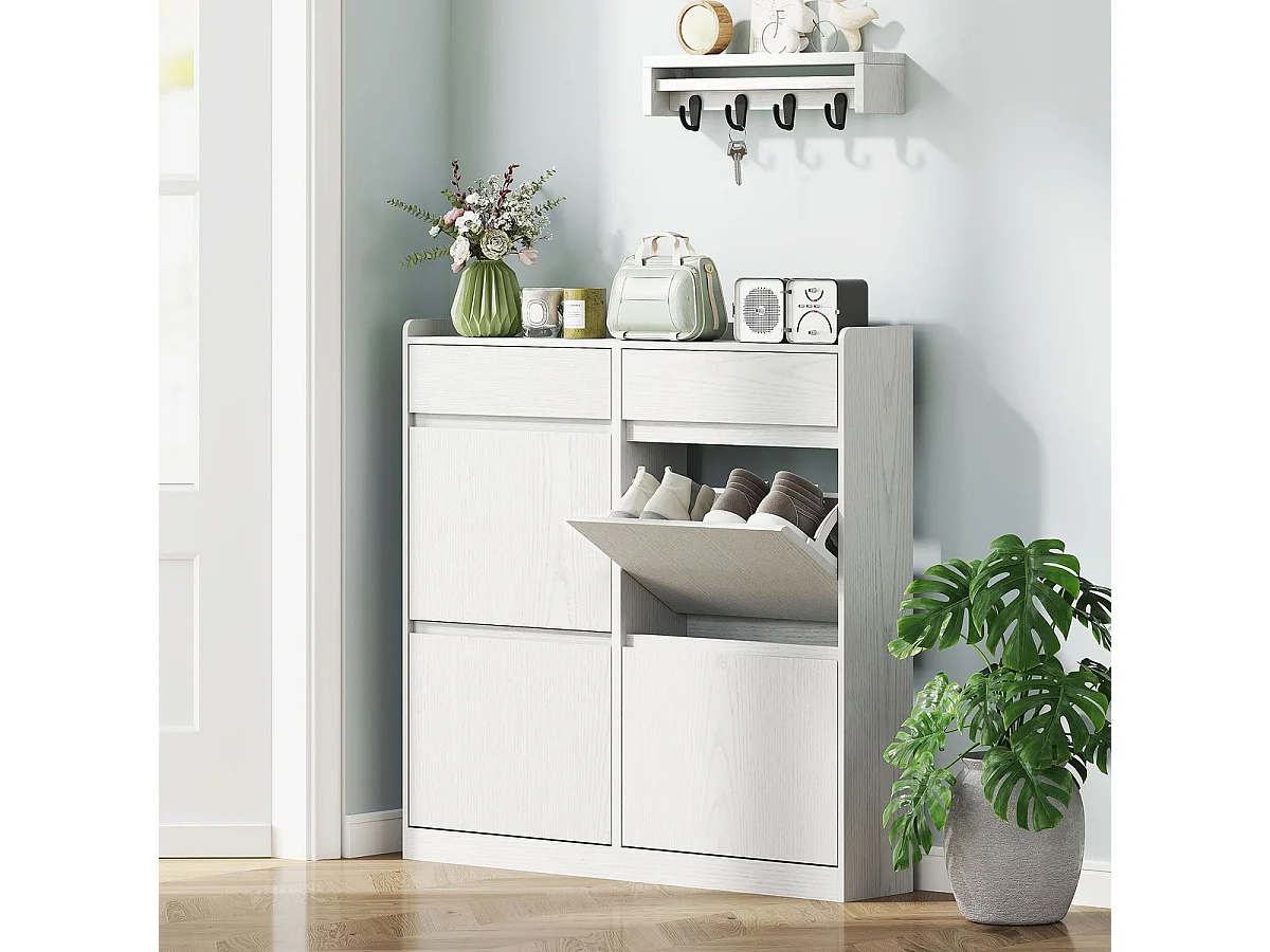 Zapatero Halo Homcom 4 puertas abatibles con 2 cajones blanco 95,3x98x19,2 cm