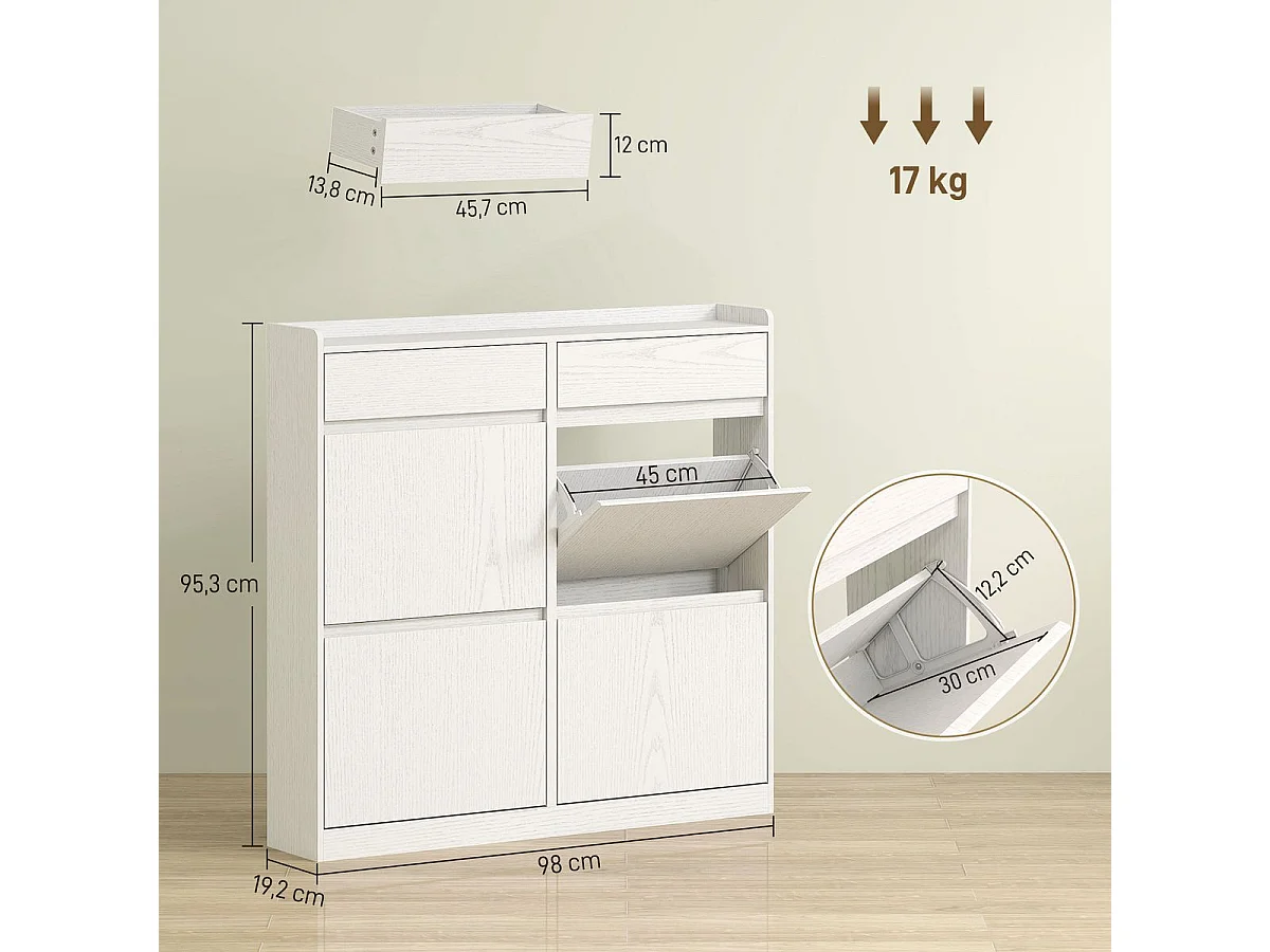 Zapatero Halo Homcom 4 puertas abatibles con 2 cajones blanco 95,3x98x19,2 cm