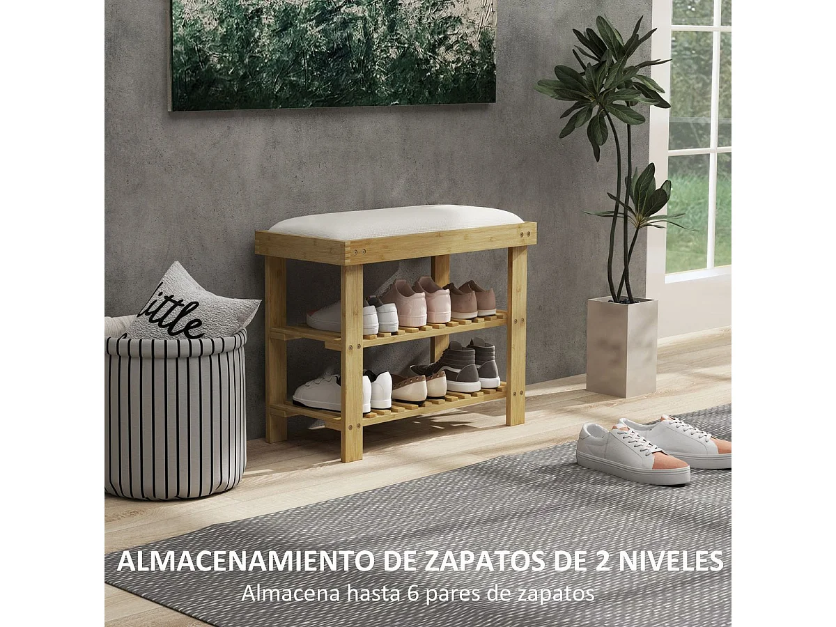 Banco zapatero Flower Homcom 6 pares 2 niveles con cojín crema 49x60x29 cm