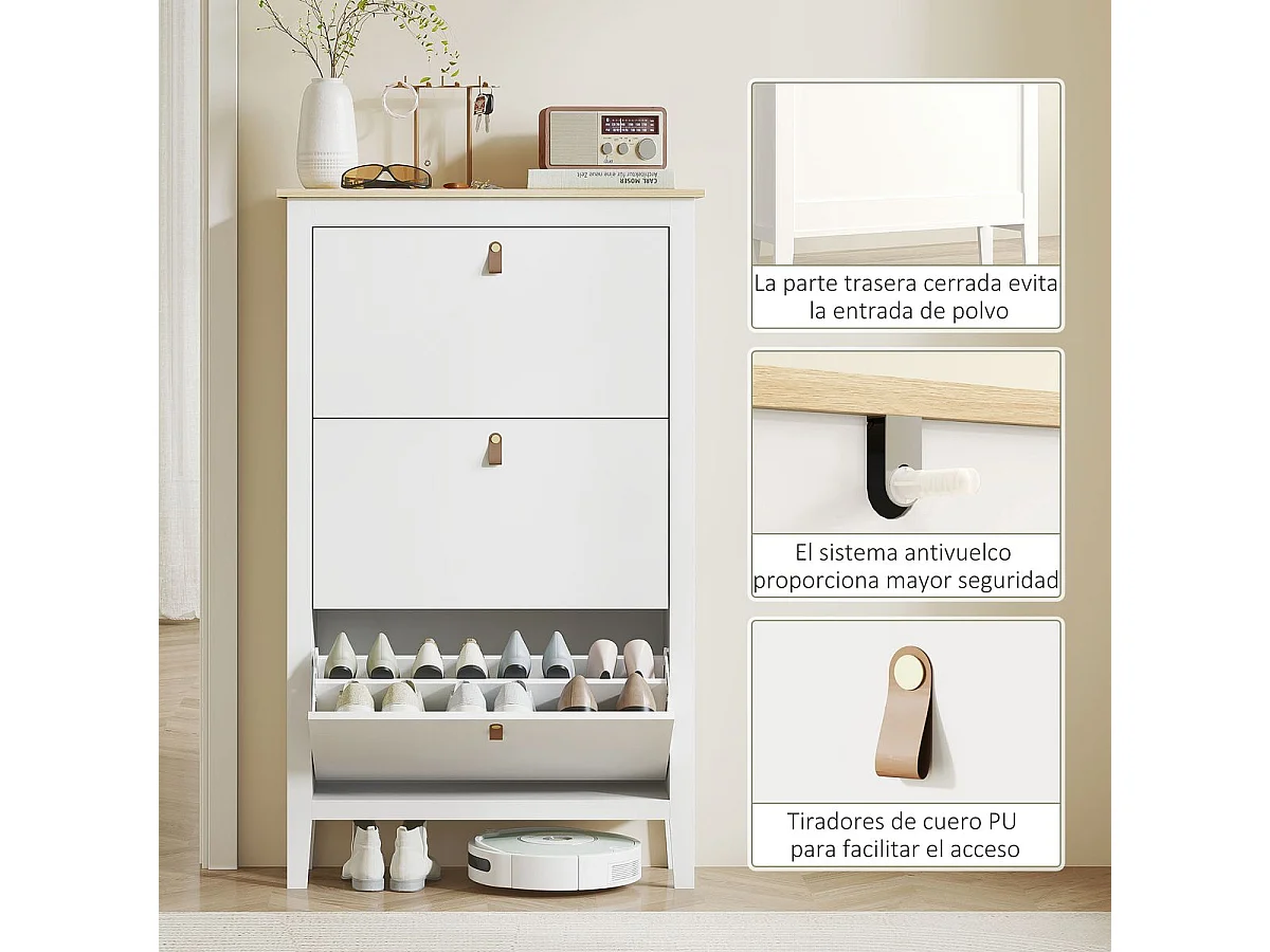 Zapatero Colibrí Homcom 3 puertas abatibles blanco/natural 131x80x24 cm