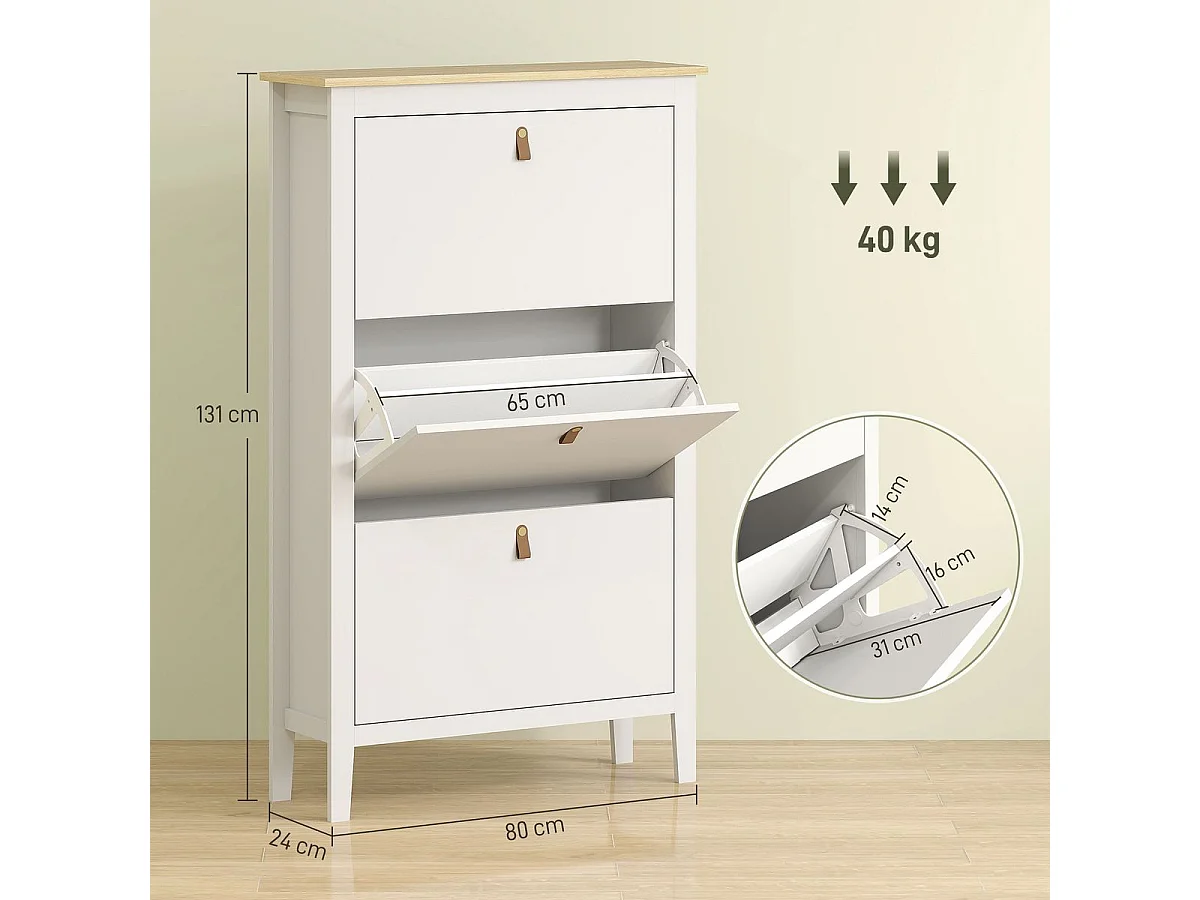 Zapatero Colibrí Homcom 3 puertas abatibles blanco/natural 131x80x24 cm