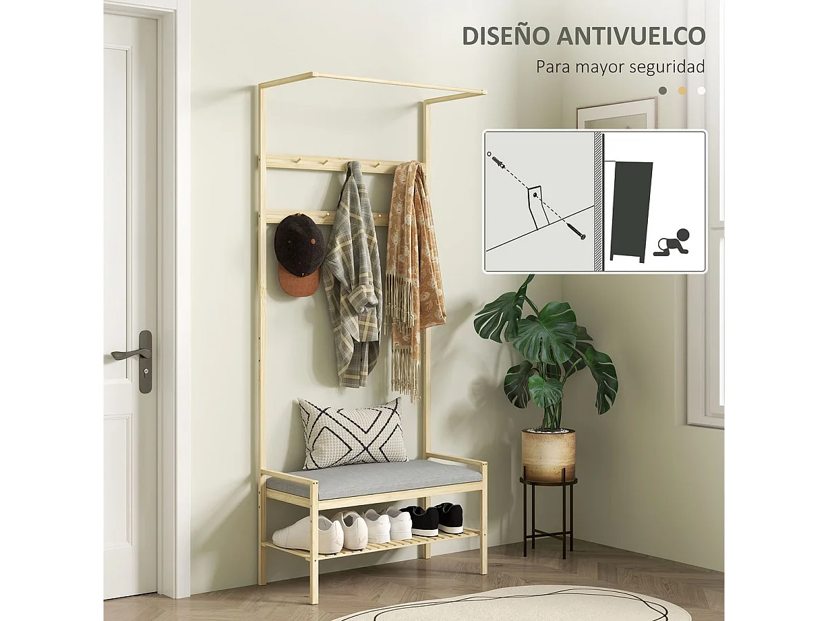 Perchero zapatero Nova Homcom ganchos y banco gris/natural 171x73,5x34 cm