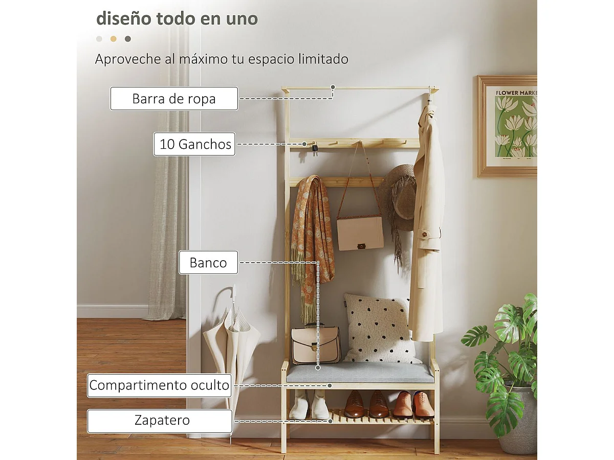 Perchero zapatero Nova Homcom ganchos y banco gris/natural 171x73,5x34 cm