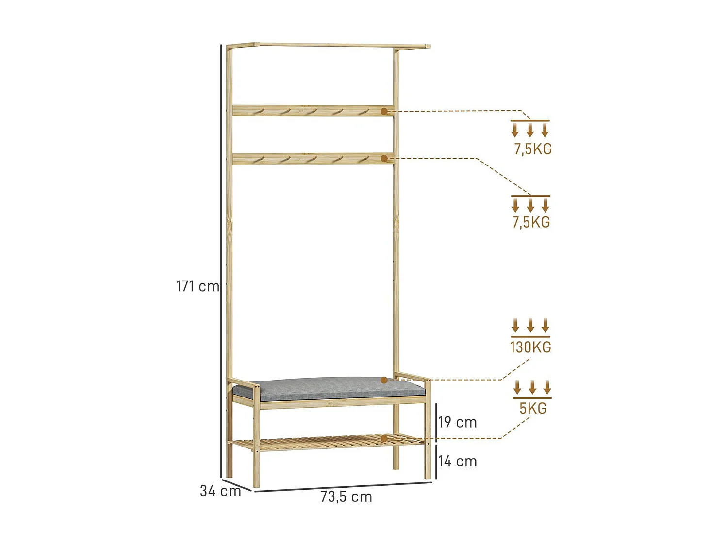 Perchero zapatero Nova Homcom ganchos y banco gris/natural 171x73,5x34 cm