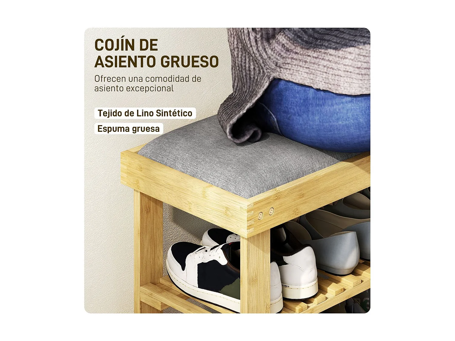 Banco zapatero Flower Homcom 6 pares 2 niveles con cojín gris 49x60x29 cm