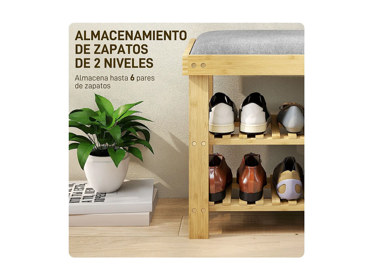 Banco zapatero Flower Homcom 6 pares 2 niveles con cojín gris 49x60x29 cm