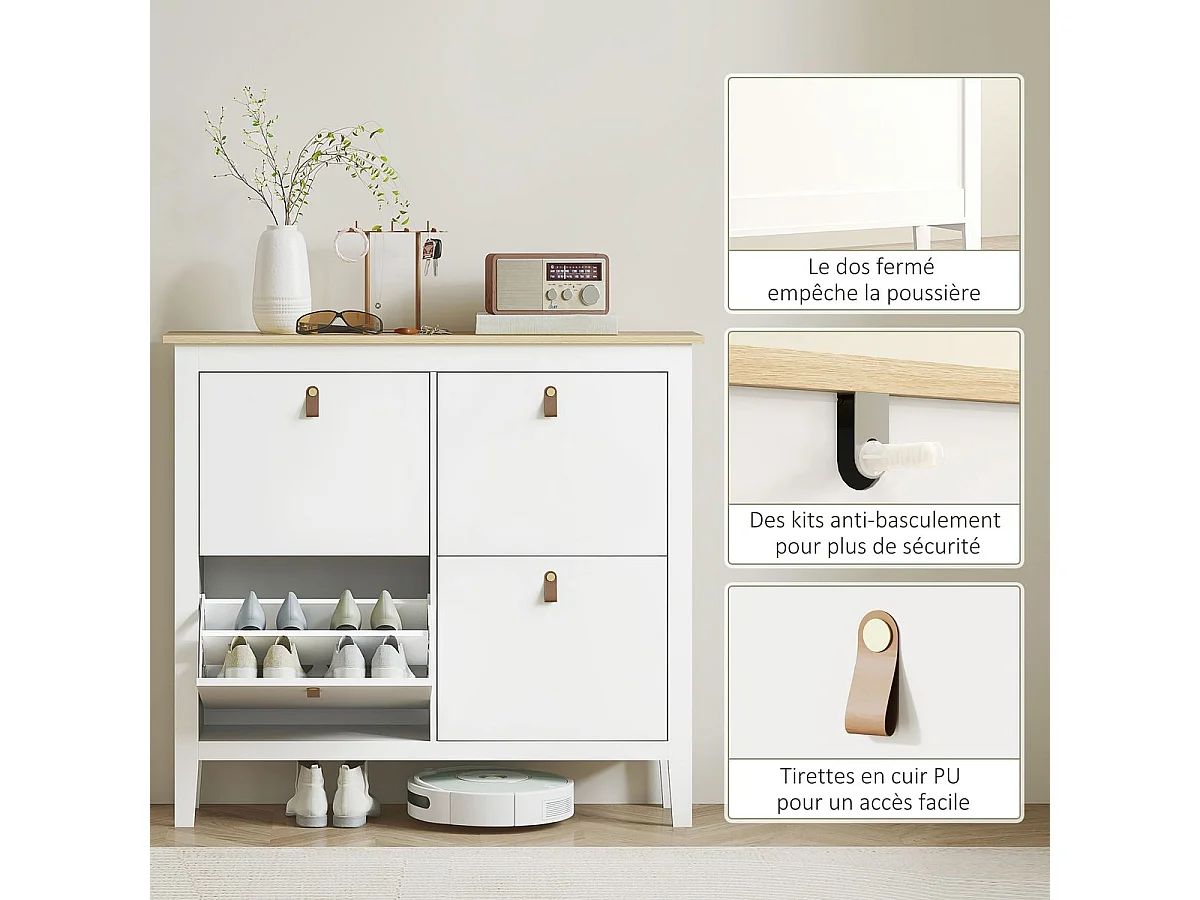 Zapatero Colibrí Homcom 3 puertas abatibles blanco/natural 131x80x24 cm