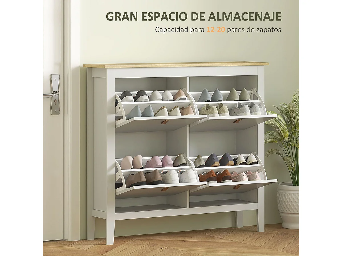 Schmale Schuhablage für den Eingangsbereich mit 4 Klappschubladen – 105 x 24 x 95,5 cm – Weiß