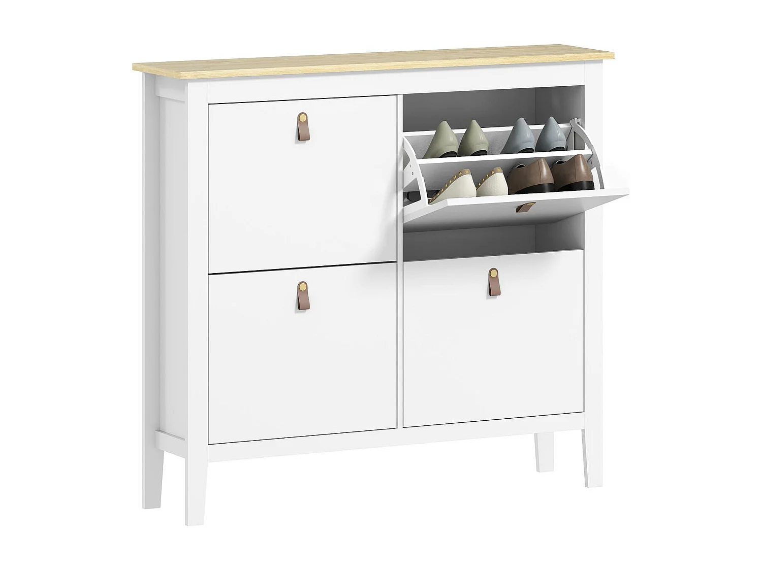 Schmale Schuhablage für den Eingangsbereich mit 4 Klappschubladen – 105 x 24 x 95,5 cm – Weiß