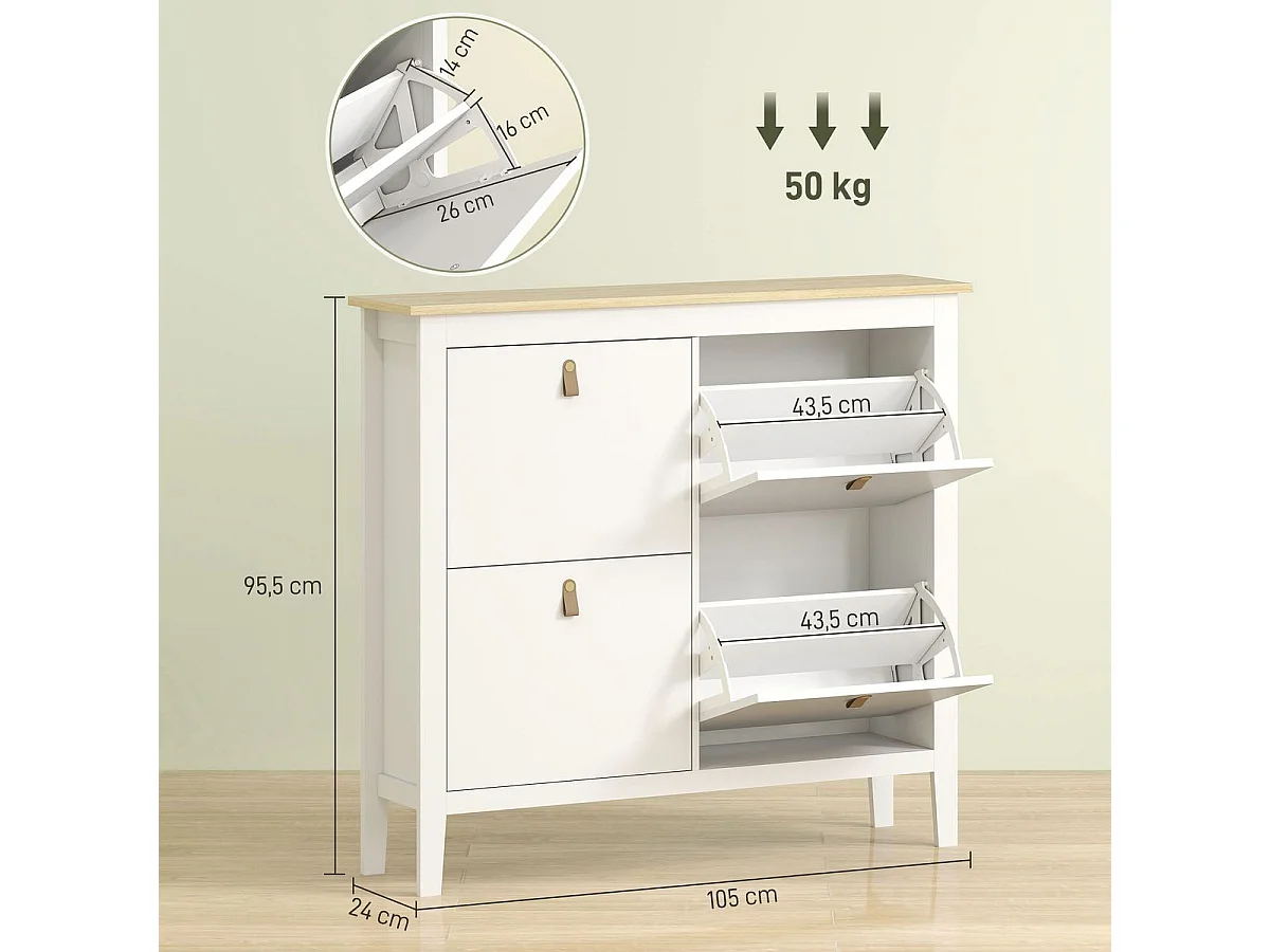 Meuble à chaussures étroit pour entrée avec 4 tiroirs pliants - 105 x 24 x 95,5 cm - Blanc