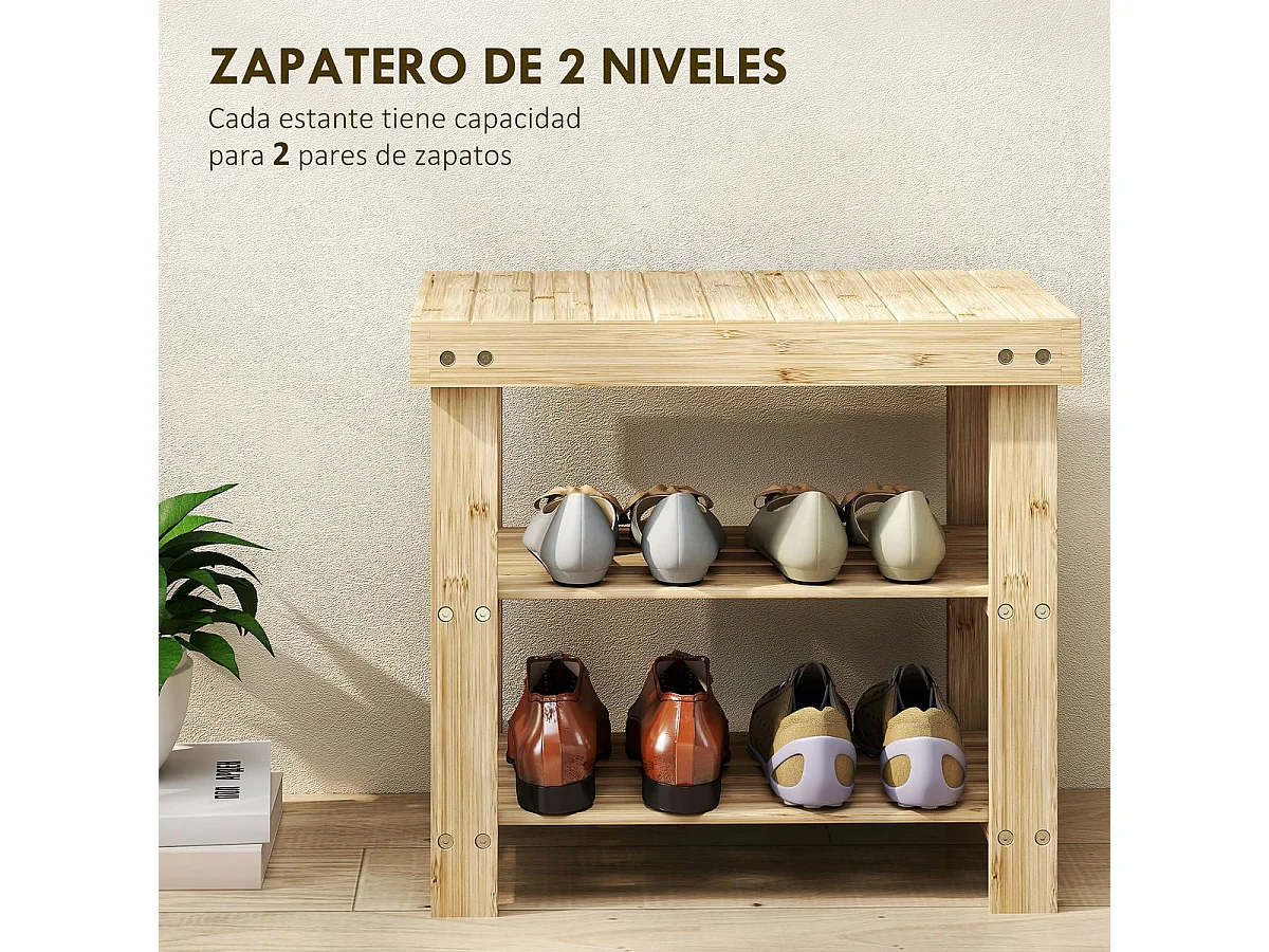 Banco zapatero Tarde Homcom 2 estantes natural 45x50x28 cm