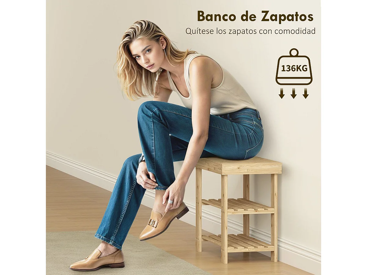Banco zapatero Tarde Homcom 2 estantes natural 45x50x28 cm