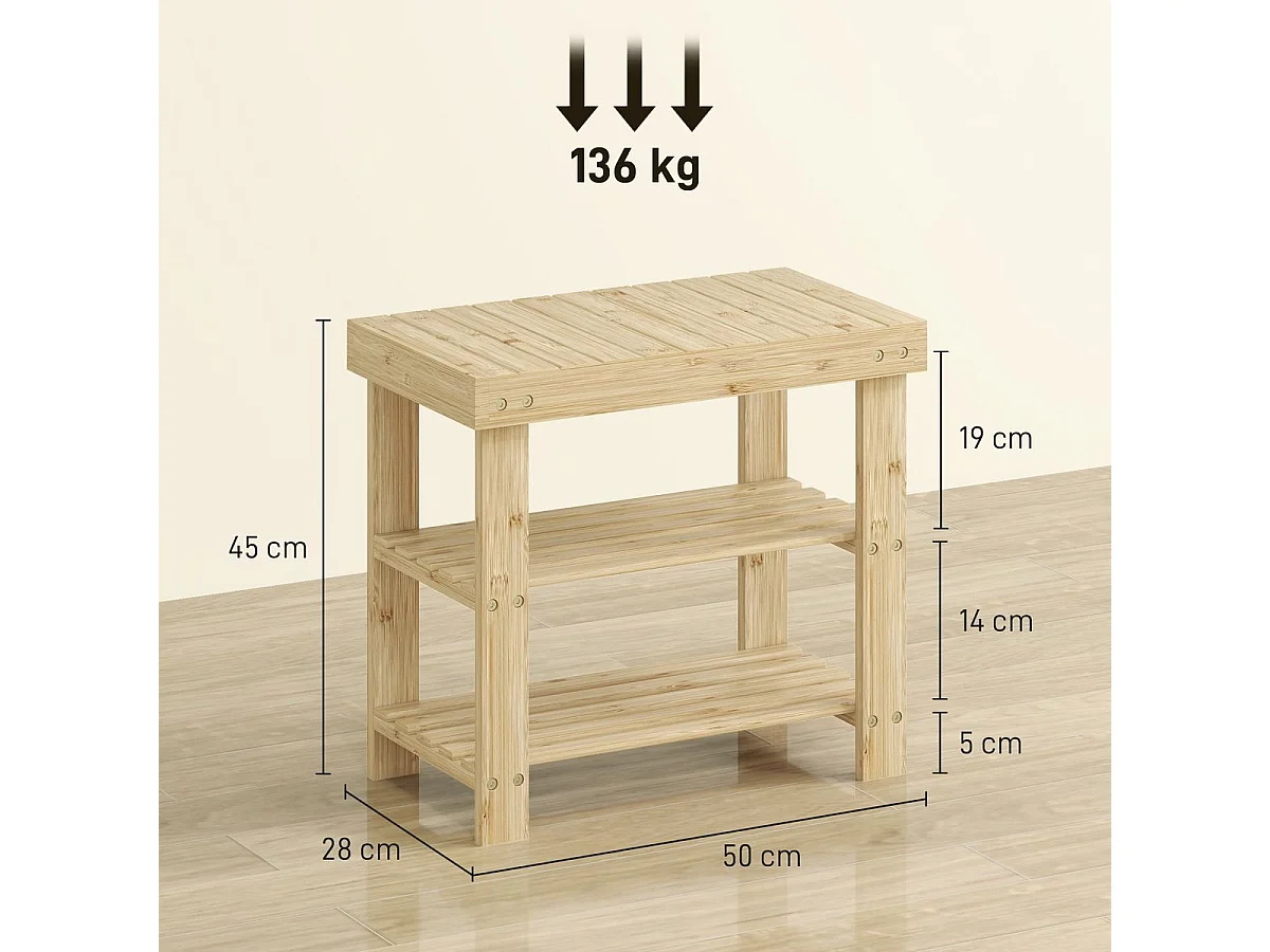 Banco zapatero Tarde Homcom 2 estantes natural 45x50x28 cm