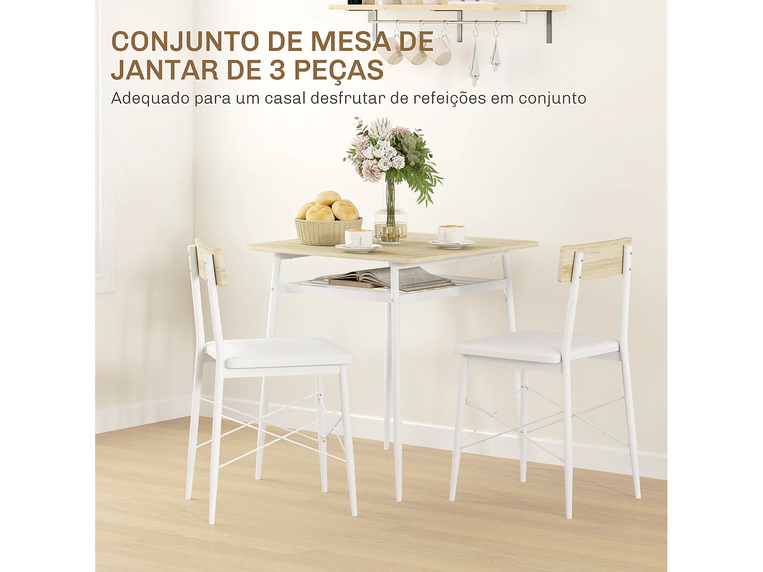 Conjunto de Refeição Compacto Aurora com Mesa e Cadeiras em Branco e Madeira - Ideal para Pequenos Espaços
