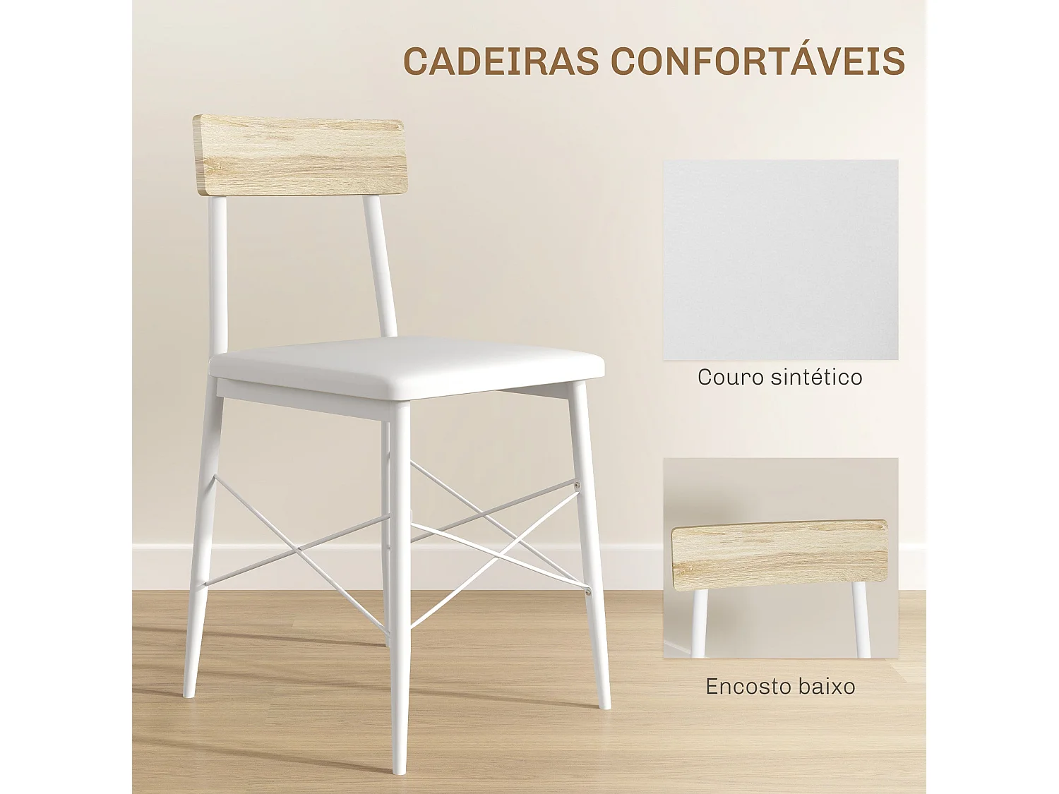 Conjunto de Refeição Compacto Aurora com Mesa e Cadeiras em Branco e Madeira - Ideal para Pequenos Espaços