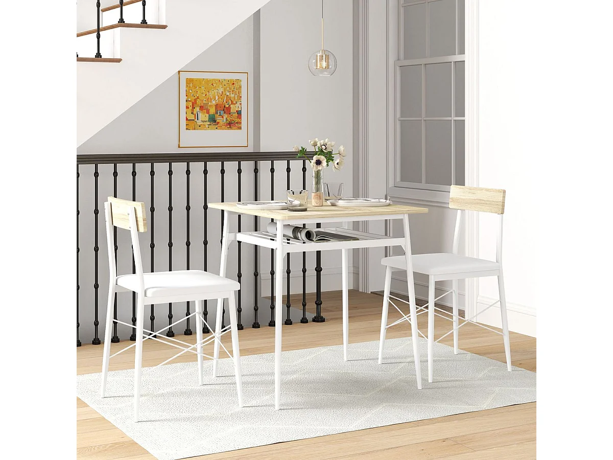 Conjunto de Refeição Compacto Aurora com Mesa e Cadeiras em Branco e Madeira - Ideal para Pequenos Espaços