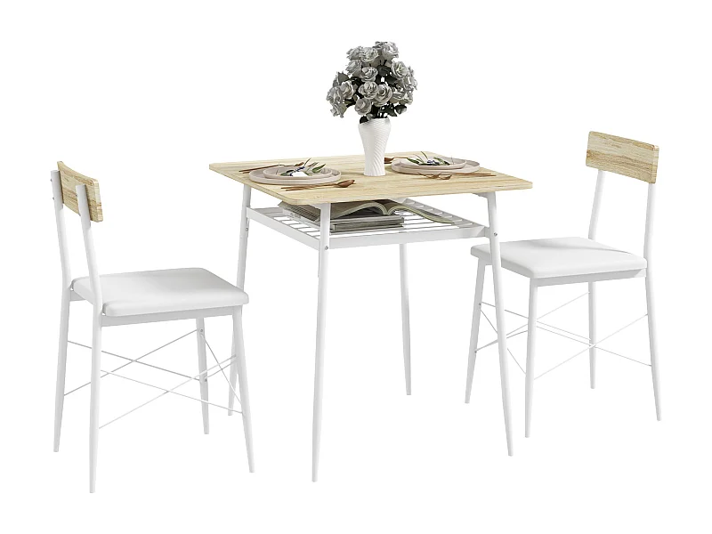 Conjunto de Refeição Compacto Aurora com Mesa e Cadeiras em Branco e Madeira - Ideal para Pequenos Espaços