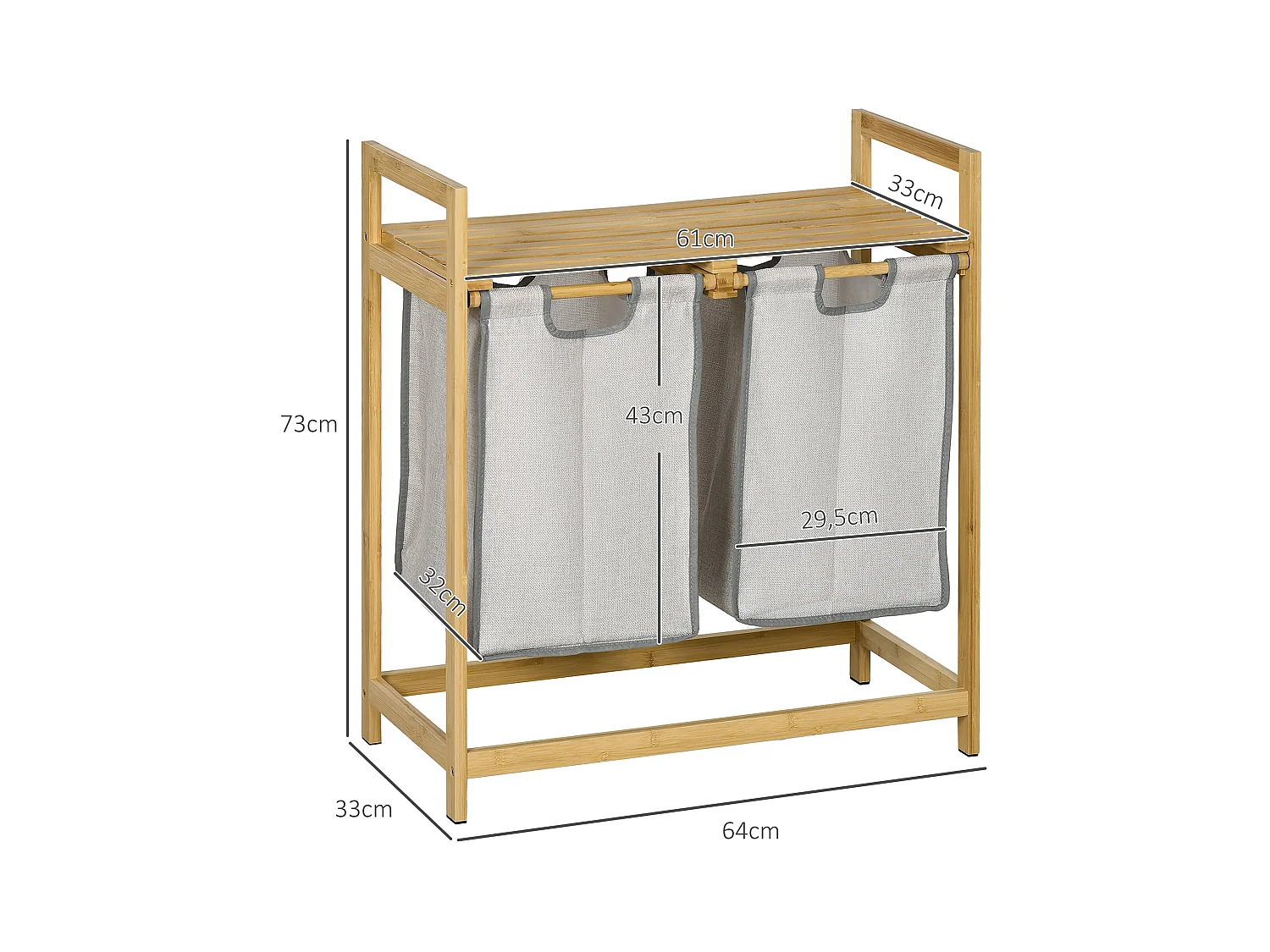 Cesto de ropa sucia Nalón Homcom 2 compartimentos + estante superior bambú gris/natural 73x33x64 cm