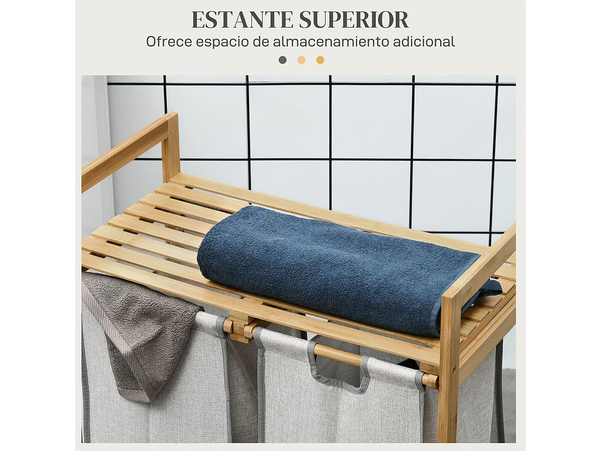 Cesto de ropa sucia Nalón Homcom 2 compartimentos + estante superior bambú gris/natural 73x33x64 cm