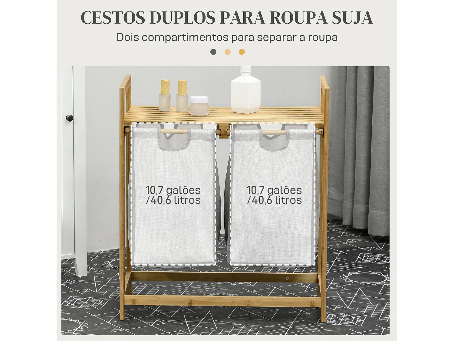 Cesto de Roupa de Bambu com 2 Bolsas Removíveis e Prateleira Superior para Armazenamento Prático