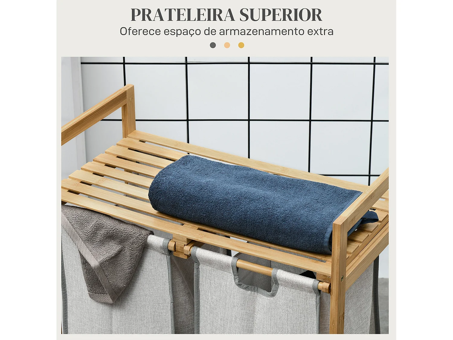 Cesto de Roupa de Bambu com 2 Bolsas Removíveis e Prateleira Superior para Armazenamento Prático