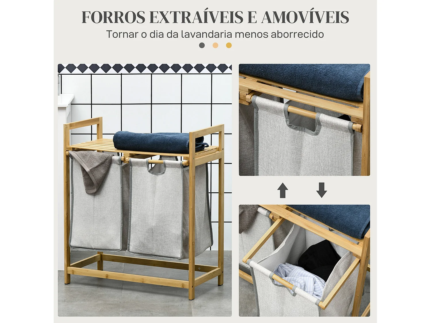 Cesto de Roupa de Bambu com 2 Bolsas Removíveis e Prateleira Superior para Armazenamento Prático