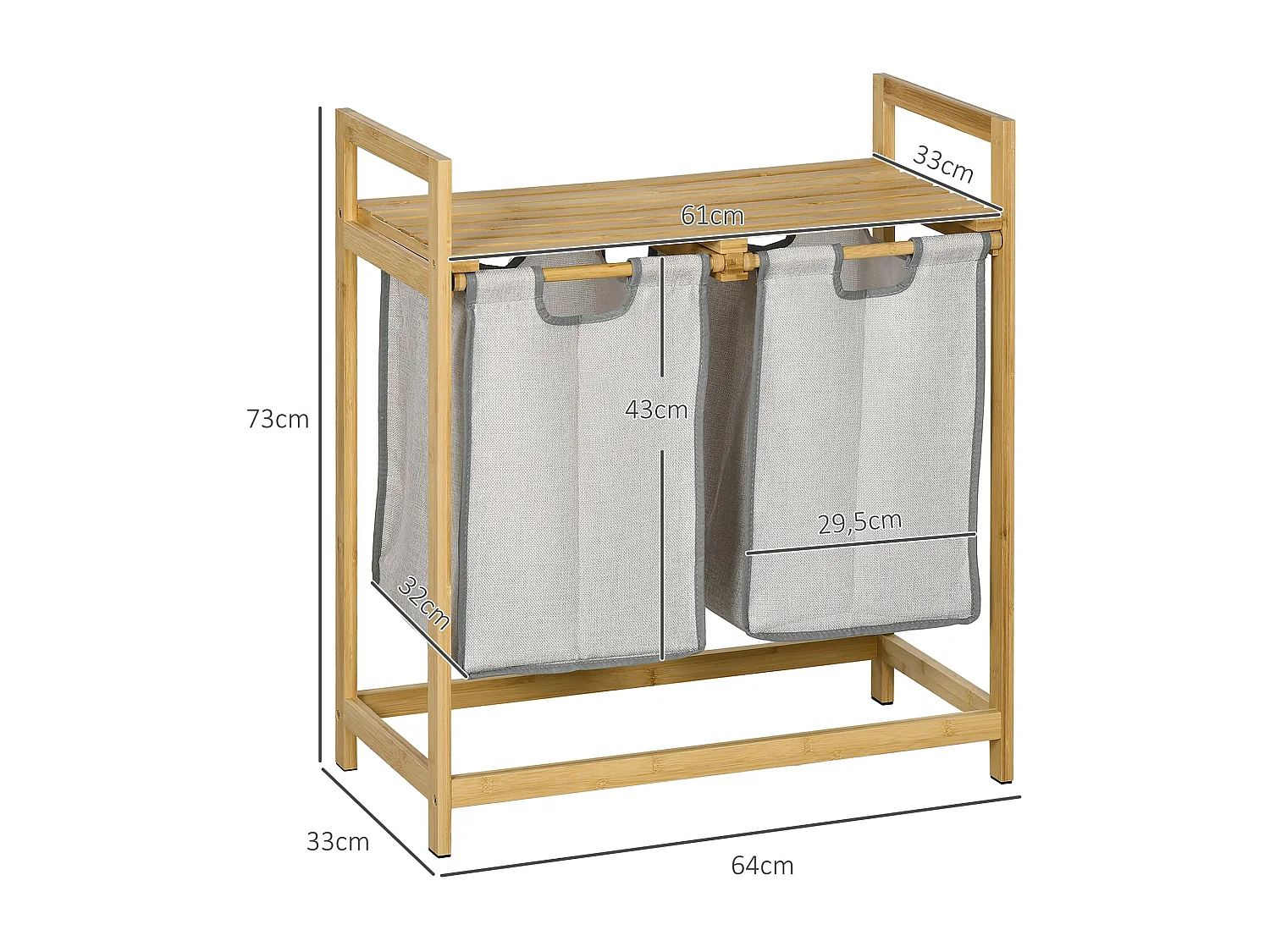Cesto de ropa sucia Nalón Homcom 2 compartimentos + estante superior bambú gris/natural 73x33x64 cm