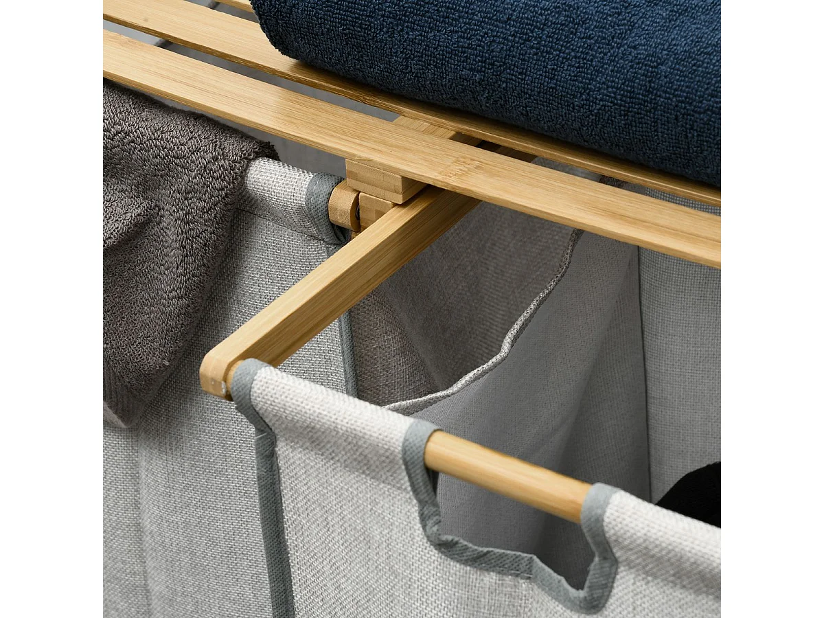 Cesto de ropa sucia Nalón Homcom 2 compartimentos + estante superior bambú gris/natural 73x33x64 cm