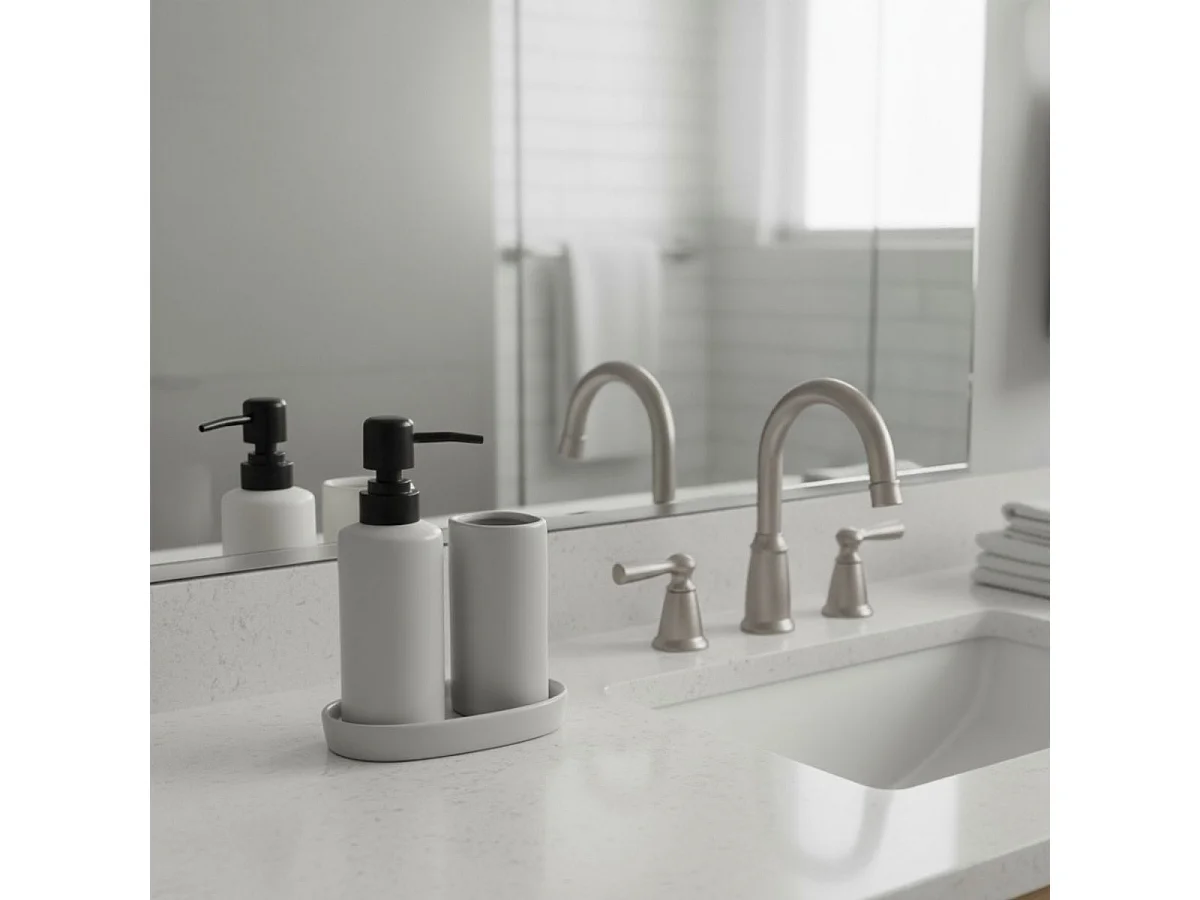 Set de baño Aqua 3 piezas dispensador, jabonera y vaso gris