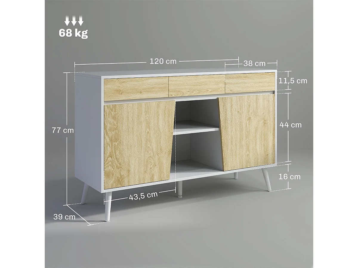 Aparador Dilhia Homcom 2 puertas con 3 cajones y 2 compartimentos blanco/natural 77x120x39 cm