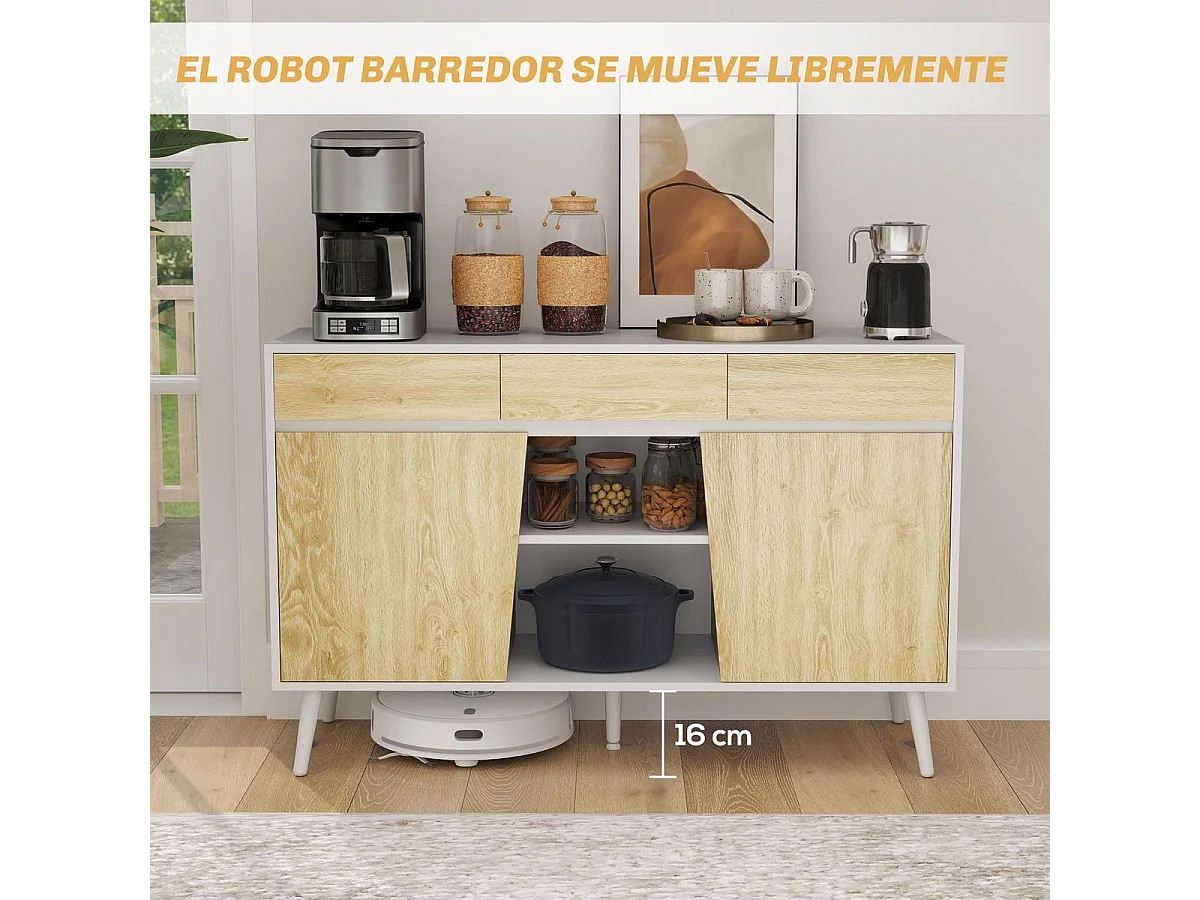 Aparador Dilhia Homcom 2 puertas con 3 cajones y 2 compartimentos blanco/natural 77x120x39 cm