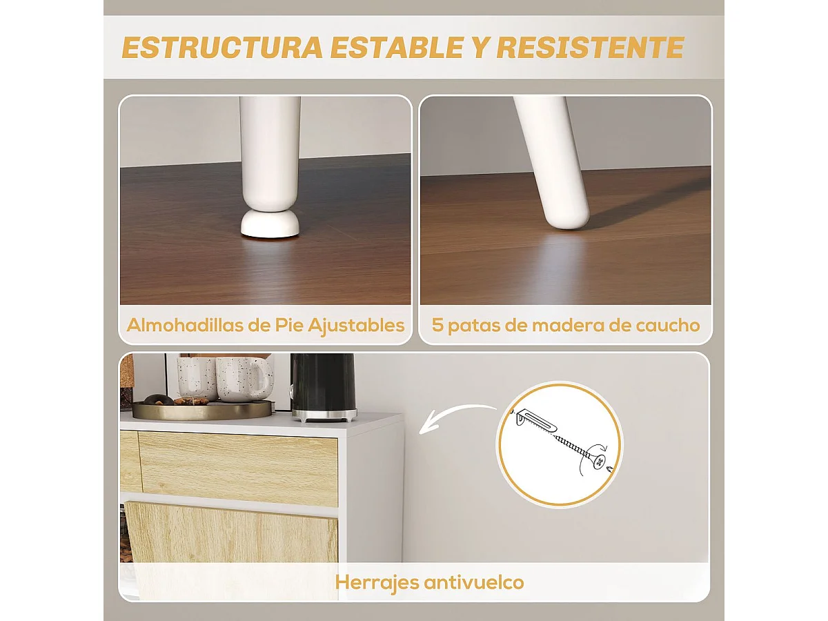 Aparador Dilhia Homcom 2 puertas con 3 cajones y 2 compartimentos blanco/natural 77x120x39 cm