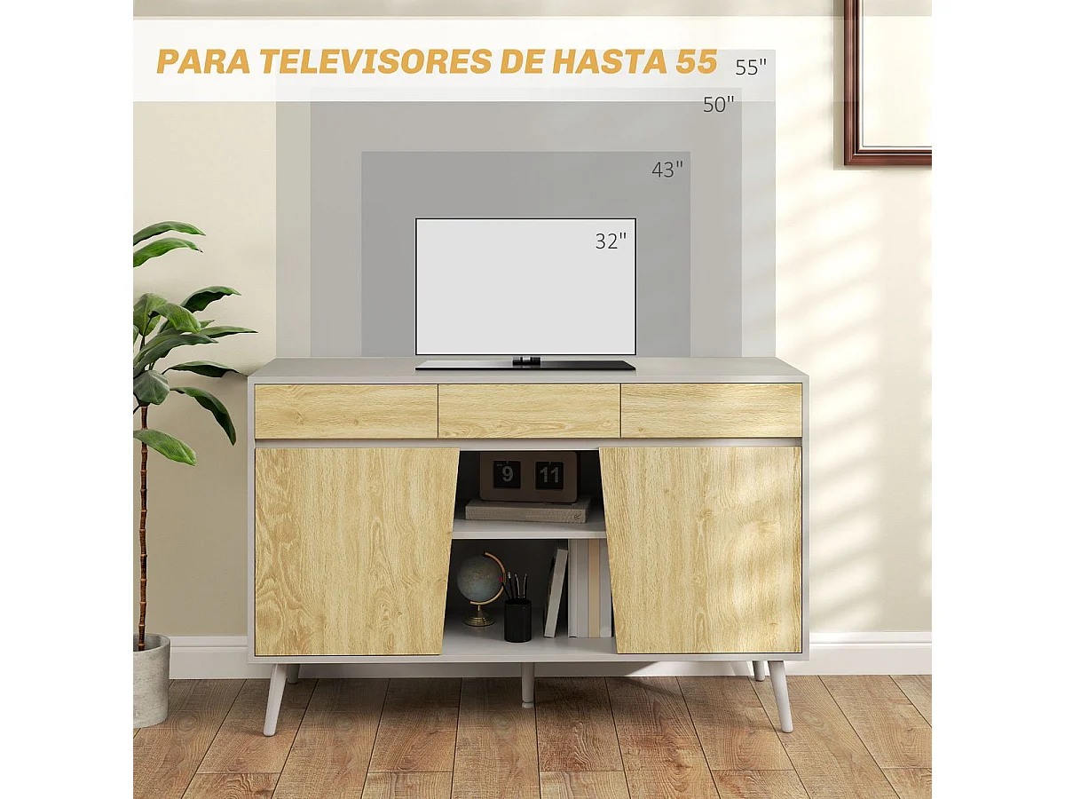 Aparador Dilhia Homcom 2 puertas con 3 cajones y 2 compartimentos blanco/natural 77x120x39 cm