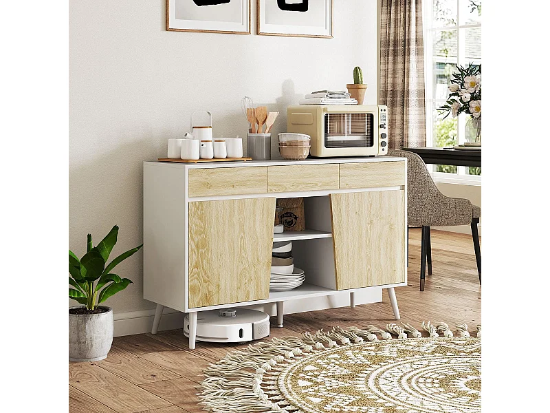 Aparador Dilhia Homcom 2 puertas con 3 cajones y 2 compartimentos blanco/natural 77x120x39 cm