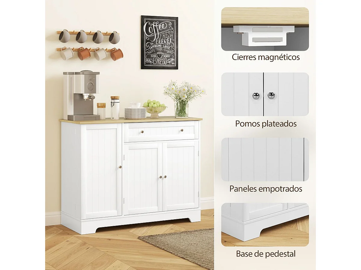 Aparador Mirlo Homcom 3 puertas con cajón blanco/natural 83x105x40 cm
